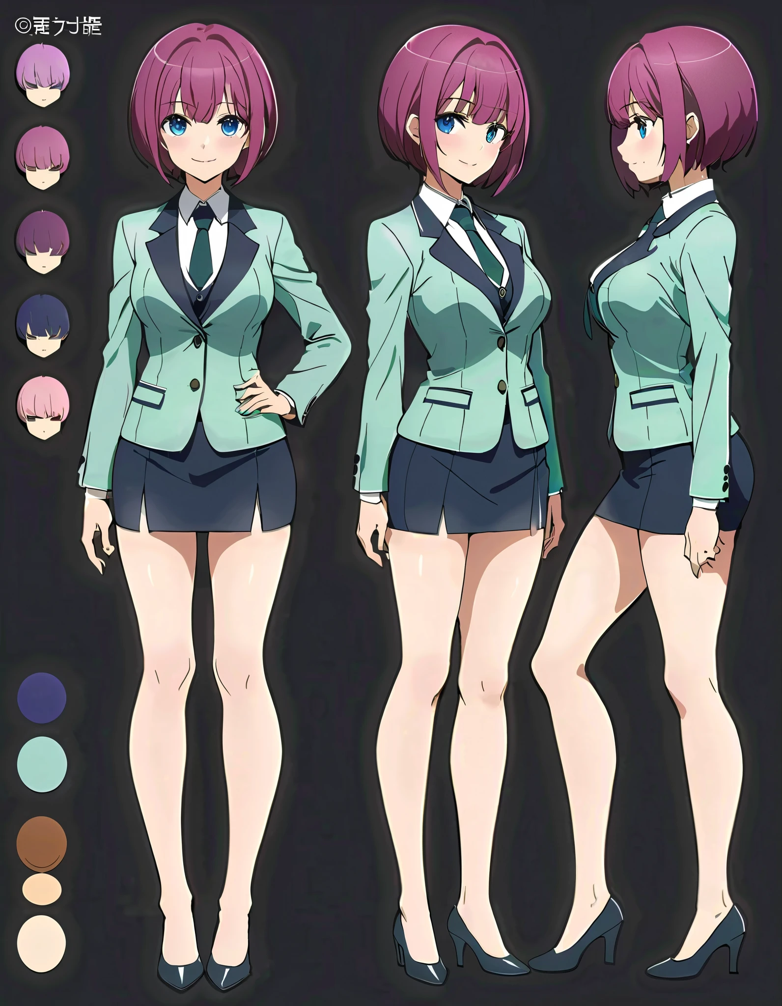 (masterpiece), (best quality), (highres), 1girl, solo, highly detailed, green suit and tie, pencil skirt, miniskirt, bare legs, matching shoes, looking at viewer, perfect hands, perfect eyes, perfect legs, perfect arms, perfect fingers, medium breasts, purple hair, short hair, bob hair, blue eyes, standing, smile, full body with costume. Simple background, (multiple views of the same character:1.2,model sheet:1.2,chatacter sheet)
