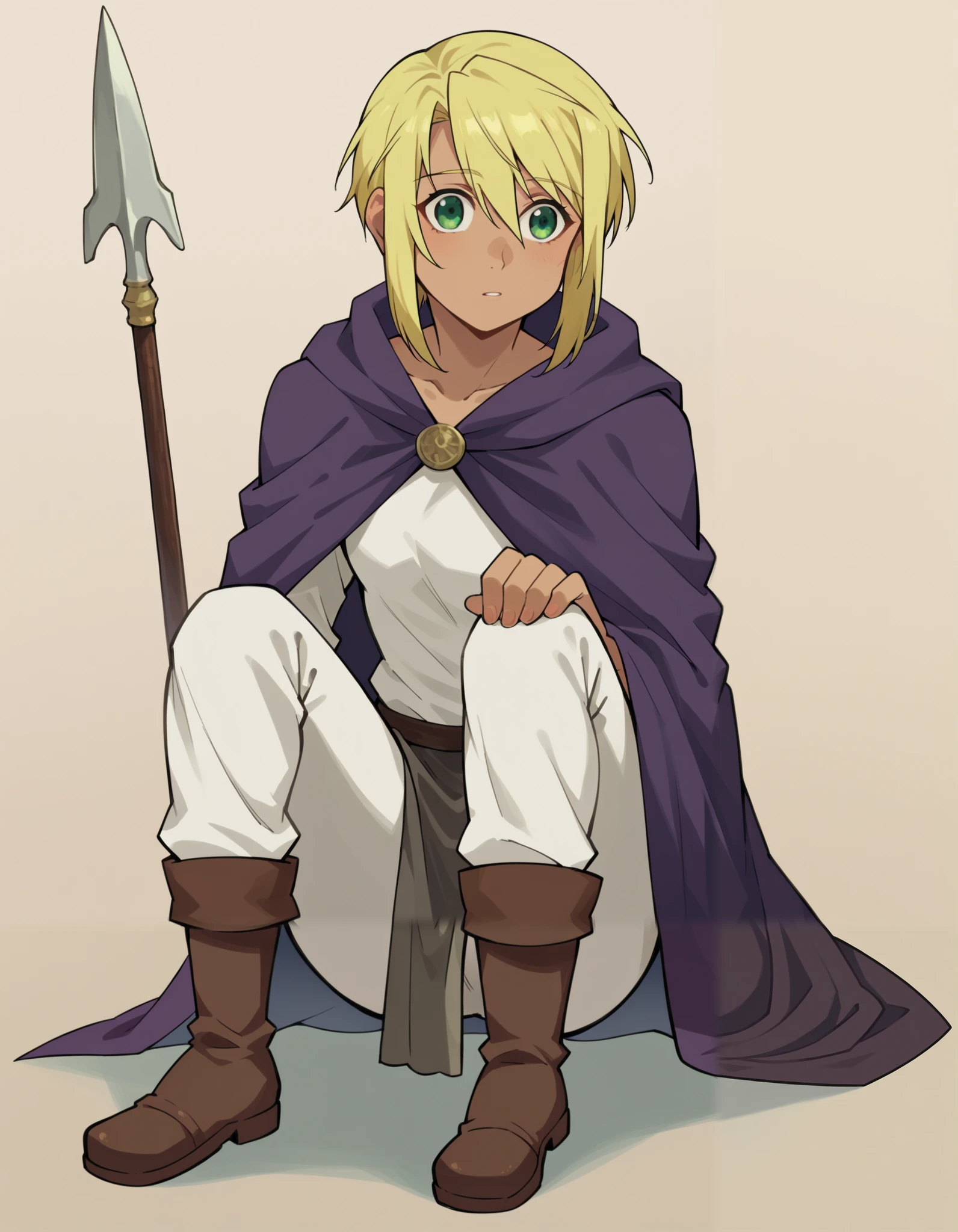 score_9, score_8_ upwards, score_7_ upwards, source_anime,
Beautiful blonde girl with short hair,  shaggy hair bob with bangs ,  hair between eyes ,  green eyes, light tanned skin, slightly tanned skin,  slightly opened sensual lips , flat bust,  Very small bust , long sleeve tunic t-shirt , armor, серебряные защитные пластины на груди и плечах armor, spacious white trousers ,  Grey loincloth,  brown boots with white fur ,  purple cape with thin white trim , one spear lies on my knees , sword in a sheath 