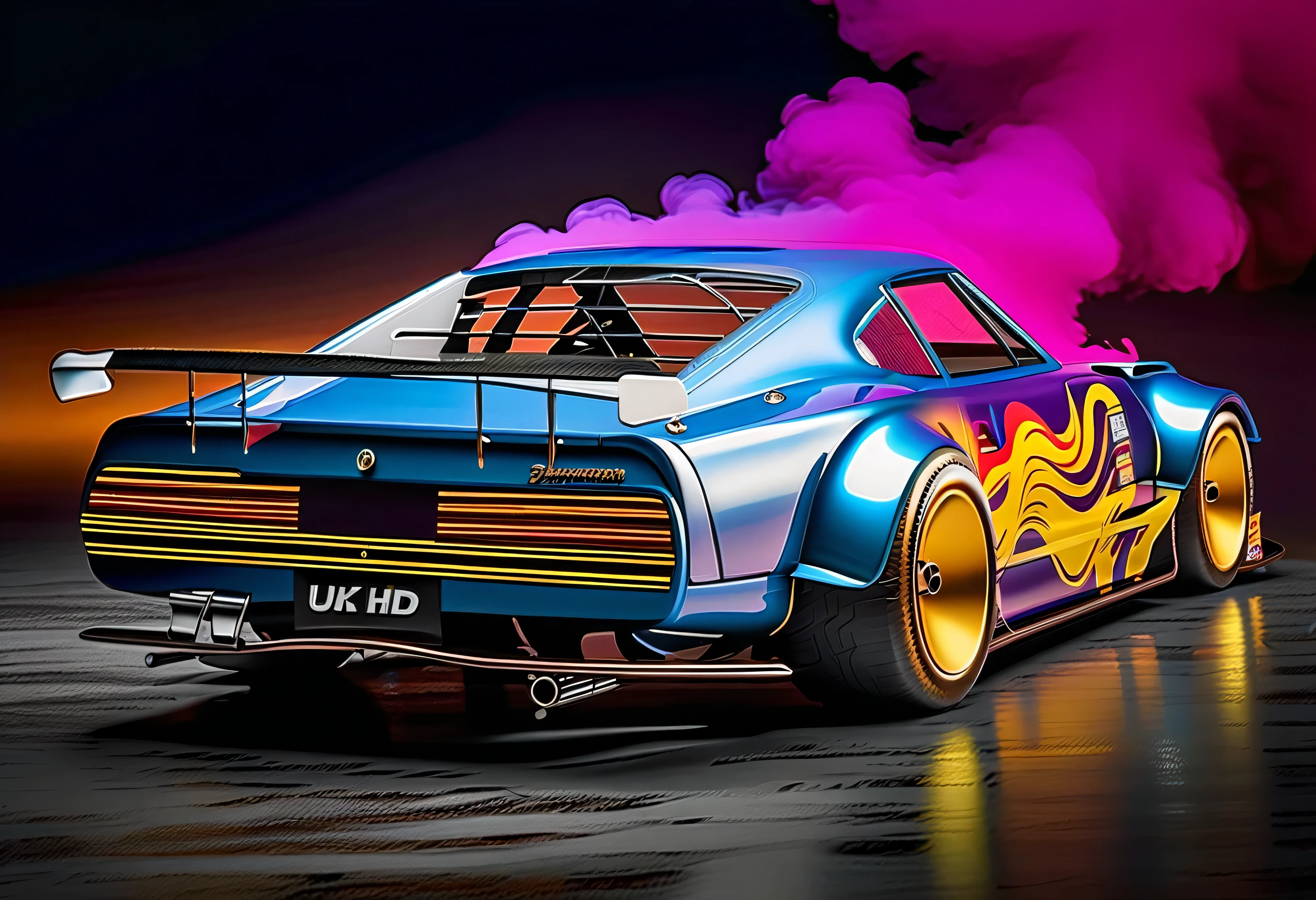 a (((hyper-realistic))), (((32k UHD masterpiece in the style of a cinematic art piece))). The focal point is a futuristic "race car GTR 2000" shown at a dynamic angle, engulfed in flames. The level of (detail is extraordinary), capturing the intricacies of the car's rear with bold textures and vibrant, contrasting colors. Predominantly blue and red hues dominate the composition, emphasizing the blazing car as the centerpiece. The fire is depicted with a mix of grays and purples, creating a dramatic and intense atmosphere. The smoke billows in all directions, adding a surreal element to the scene. The image, with an aspect ratio of 16:9, fills the screen, immersing the viewer in the cinematic experience. This hyper-realistic artwork draws inspiration from artists like Jackson Pollock, known for his dynamic "action painting" technique, and Salvador Dali, with his dreamlike, surreal images. The overall composition explores themes of speed, action, and transformation. The addition of film grain, sharp details, and a ((raw style reminiscent of Fujifilm XT3 35mm f4)) contributes to the ((studio art)) feel, creating a visually stunning representation of a (burning racing car).