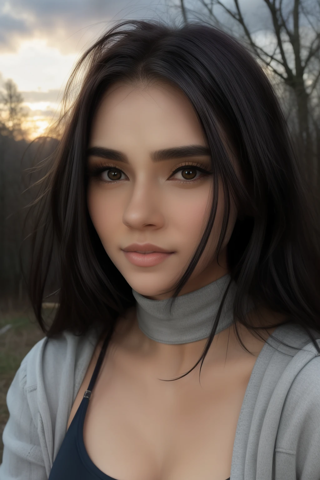 headshot, 1girl, beautiful, sunset, beautiful sunset, cloudy, forest, nature hike,BREAK
tight yoga pants, lace (turtleneck) sports bra, BREAK
makeup, straight hair, pale skin, fair skin, white skin, BREAK