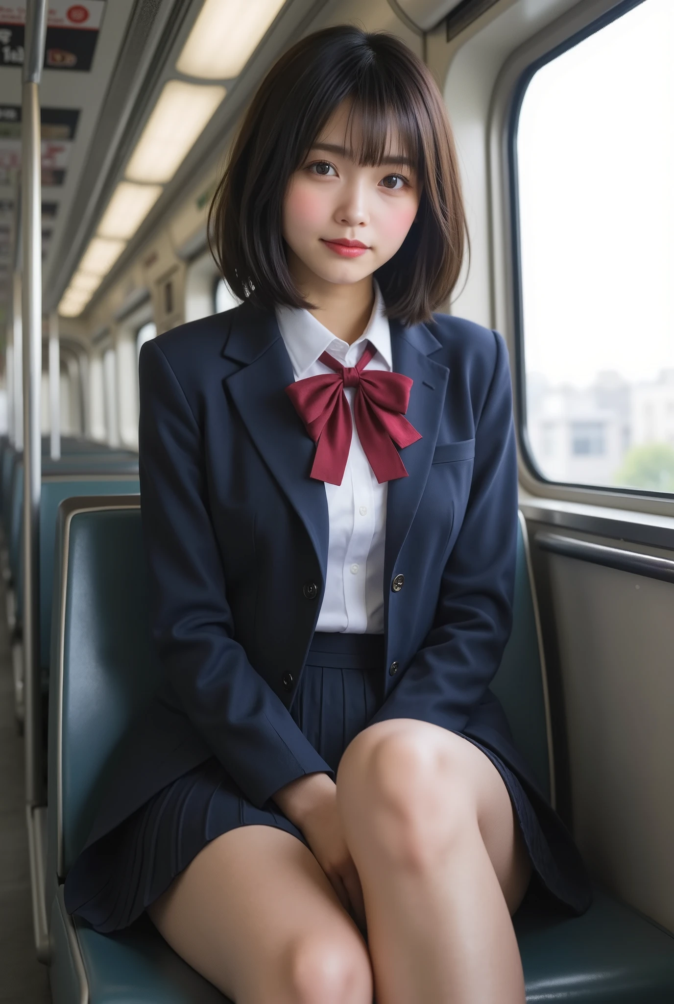 A hyper-realistic, photorealistic depiction of a Japanese high school girl loosely sitting on a train seat. She is wearing a traditional school uniform, including a navy-blue blazer, white shirt, pleated skirt, and a neatly tied red thick ribbon or bow. Her black hair is styled simply, and she looks out of the window with a thoughtful expression. Her glossy thighs are dynamic prominently visible, side clean hip hands up, smile (wavy mouth), from below, from under seat view, appearing fair, smooth, and slightly emphasized with realistic lighting and texture. The train interior is modern and clean, with metal handrails, overhead advertisements, and soft natural lighting that creates a realistic and authentic atmosphere. The background shows faint glimpses of an urban cityscape through the window, with buildings and trees blurred by motion.