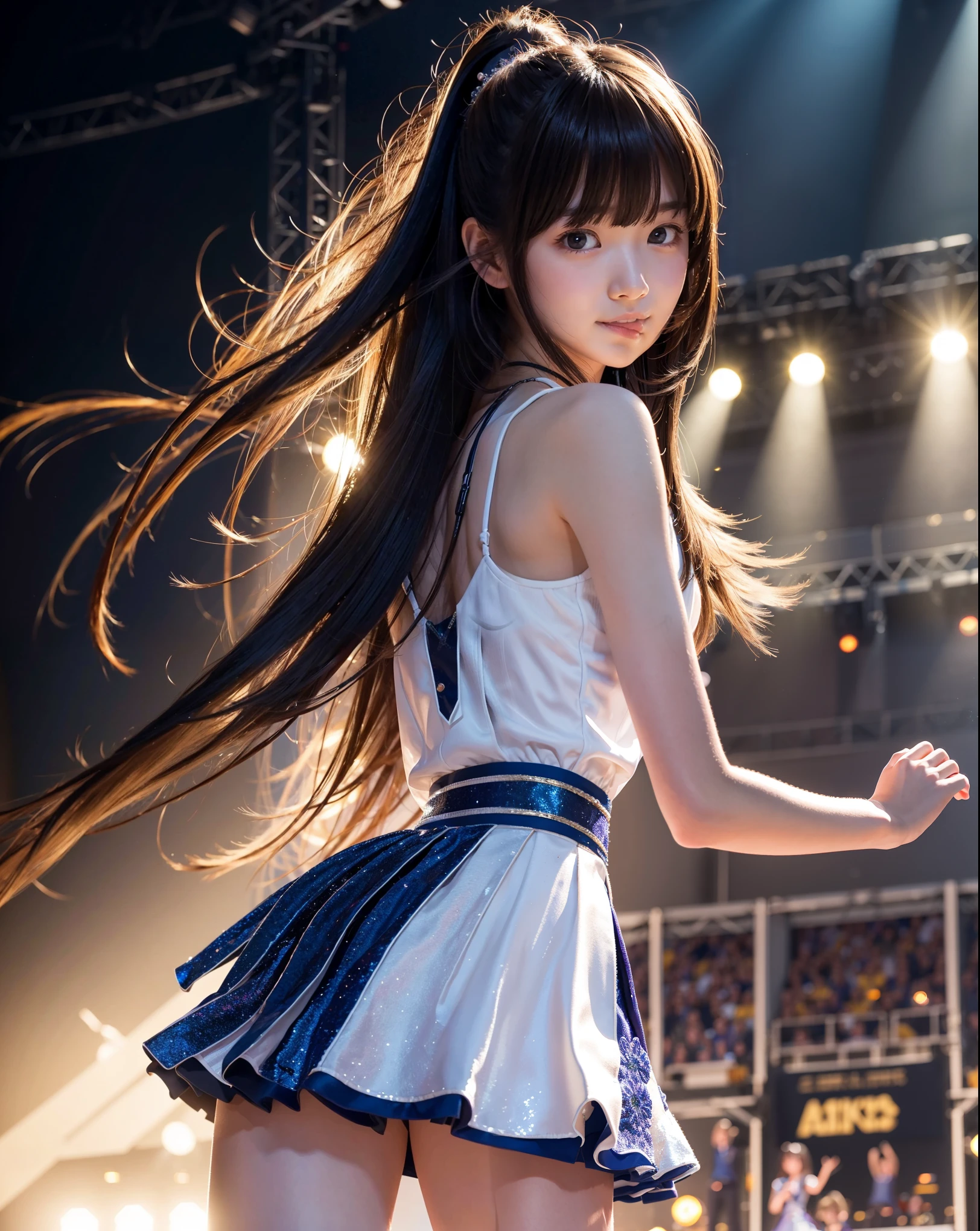 A highly detailed and anatomically accurate illustration of a Japanese high school girl, around 18 years old, standing on a live concert stage. She has semi-long straight hair with bangs and is wearing an elaborate stage outfit designed for performance, featuring stylish and dynamic elements. Her posture is confident yet graceful, and her expression conveys warmth and charm as she engages with the audience. The background showcases a grand concert stage with vibrant lighting, special effects, and a massive crowd of enthusiastic fans. The artwork is rendered in high resolution, with lifelike details and cinematic quality.
high resolution, Masterpiece, accurate, anatomically correct, has won many awards, top quality, details, retina, very detailed, textured skin, ultra high definition, backlight,