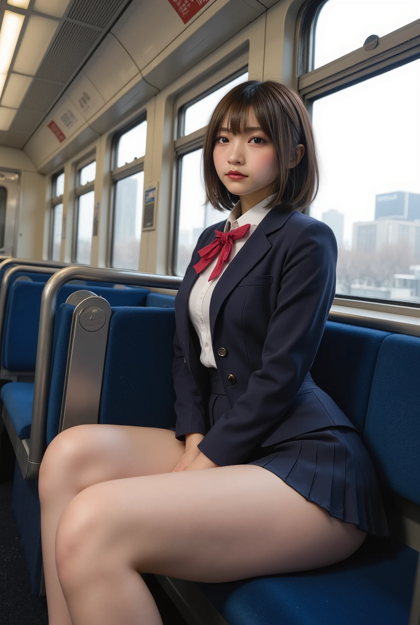 A hyper-realistic, photorealistic depiction of a Japanese high school girl loosely sitting on a train seat. She is wearing a traditional school uniform, including a navy-blue blazer, white shirt, too short pleated skirt, neatly tied red thick ribbon or bow. thick thigh, clean hip, Her black hair is styled simply, and she looks out of the window with a thoughtful expression. Her glossy thighs are dynamic prominently visible, side clean hip hands up, smile (wavy mouth), from below, from under seat view, appearing fair, smooth, and slightly emphasized with realistic lighting and texture. The train interior is modern and clean, with metal handrails, overhead advertisements, and soft natural lighting that creates a realistic and authentic atmosphere. The background shows faint glimpses of an urban cityscape through the window, with buildings and trees blurred by motion.