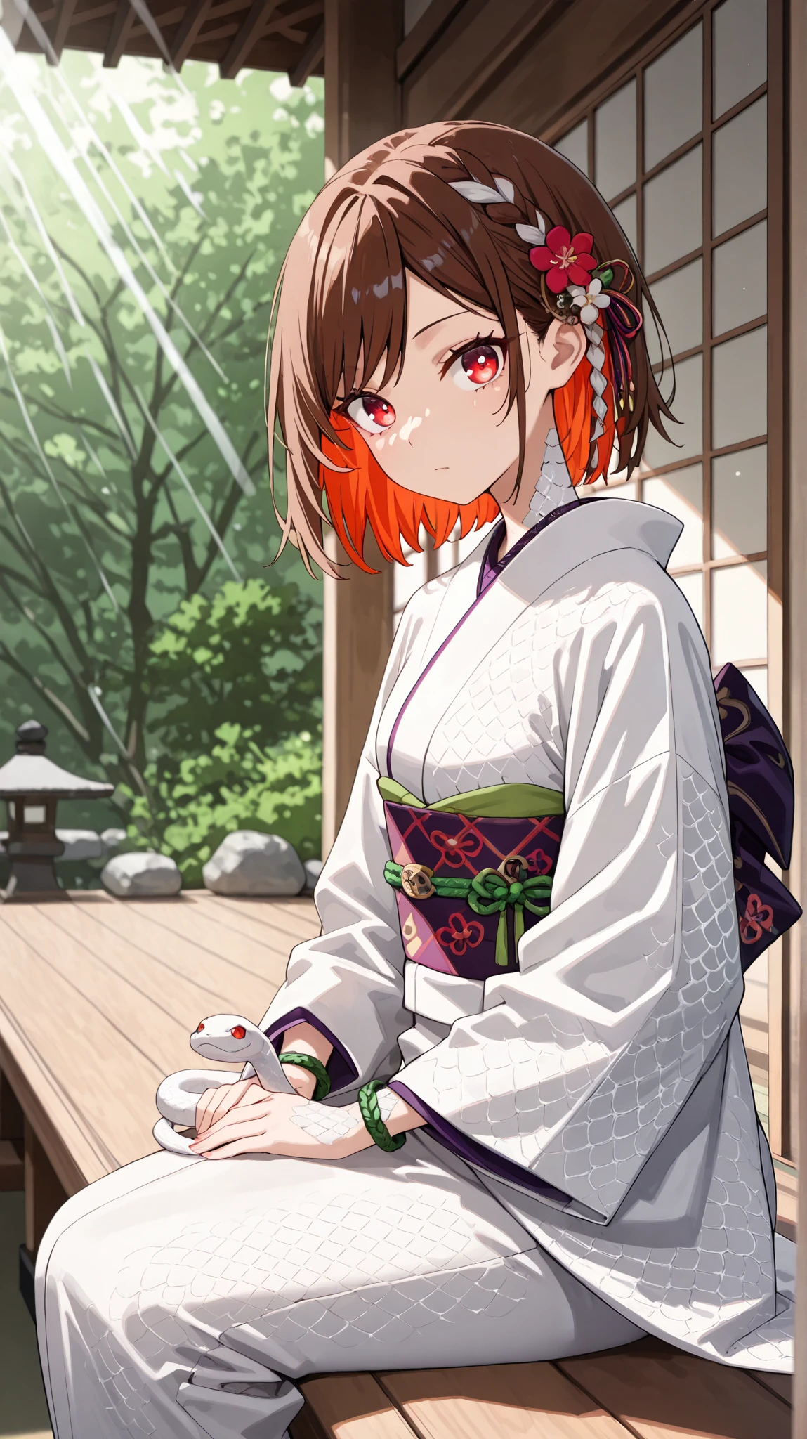 masterpiece:1.3, best quality, high detailed , in 8K, Ultra-highest resolution, with vibrant colors and a sharp focus, (Cute Girl), solo, Sitting on the veranda in front of the Japanese garden, cowboy shot, from side, (natural light, sunbeam, soft shadows), Girl wearing white kimono, look at viewer, short hair, Brown hair:1.3, Red inner hair, White hair ribbon, Flower Hair Ornaments, shote hair:1.4, curtain bangs, swept bangs, side braid, Silk skin face, Transparent snake scales on the neck, round eyes, Double eyelids, garnet eyes, White kimono, Green belt, Purple and white obi cord, A small snake with red eyes is relaxing on a girl's lap, Accurate snake depiction plaited, cord bracelet, Brown hair:1.3, eyetexture, home