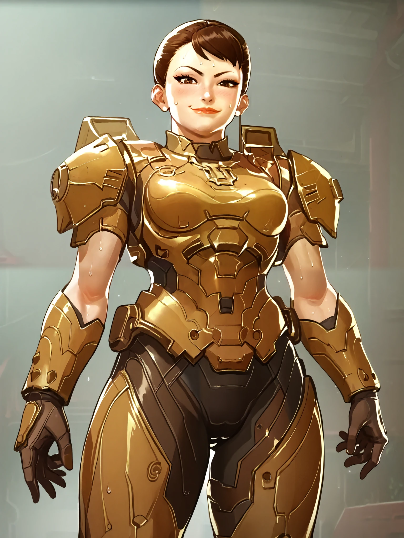 score_9, score_8_up, score_7_up, high resolution, masterpiece, best quality, absurdres, 1girl, solo, UHD, anime screencap, badhandv4, ChunLi, power armor, sweat all over body and clothes, realistic body, looking at viewer, blushing, smug, closed mouth, from below, dutch shot, zoom the body