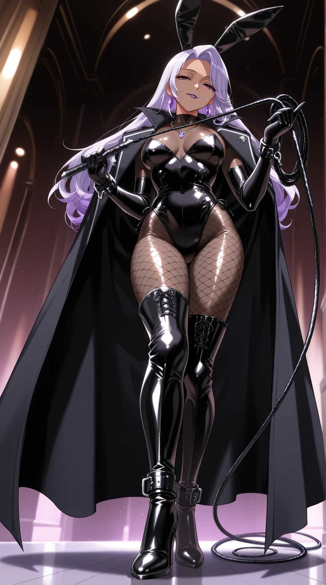 Portrait, Masterpiece, Excellent Quality, 1girl, solo, intricate details, color diffusion, close-up shot, African-American female, dark-skinned female, brown skin, slim body, thighs, long black dreadlocks, dark hair, black hair, purple eyes, sexy combat attire, cape, cloak, battle pose, badass, lust demon, Super Villain, Sci-Fi, Fantasy