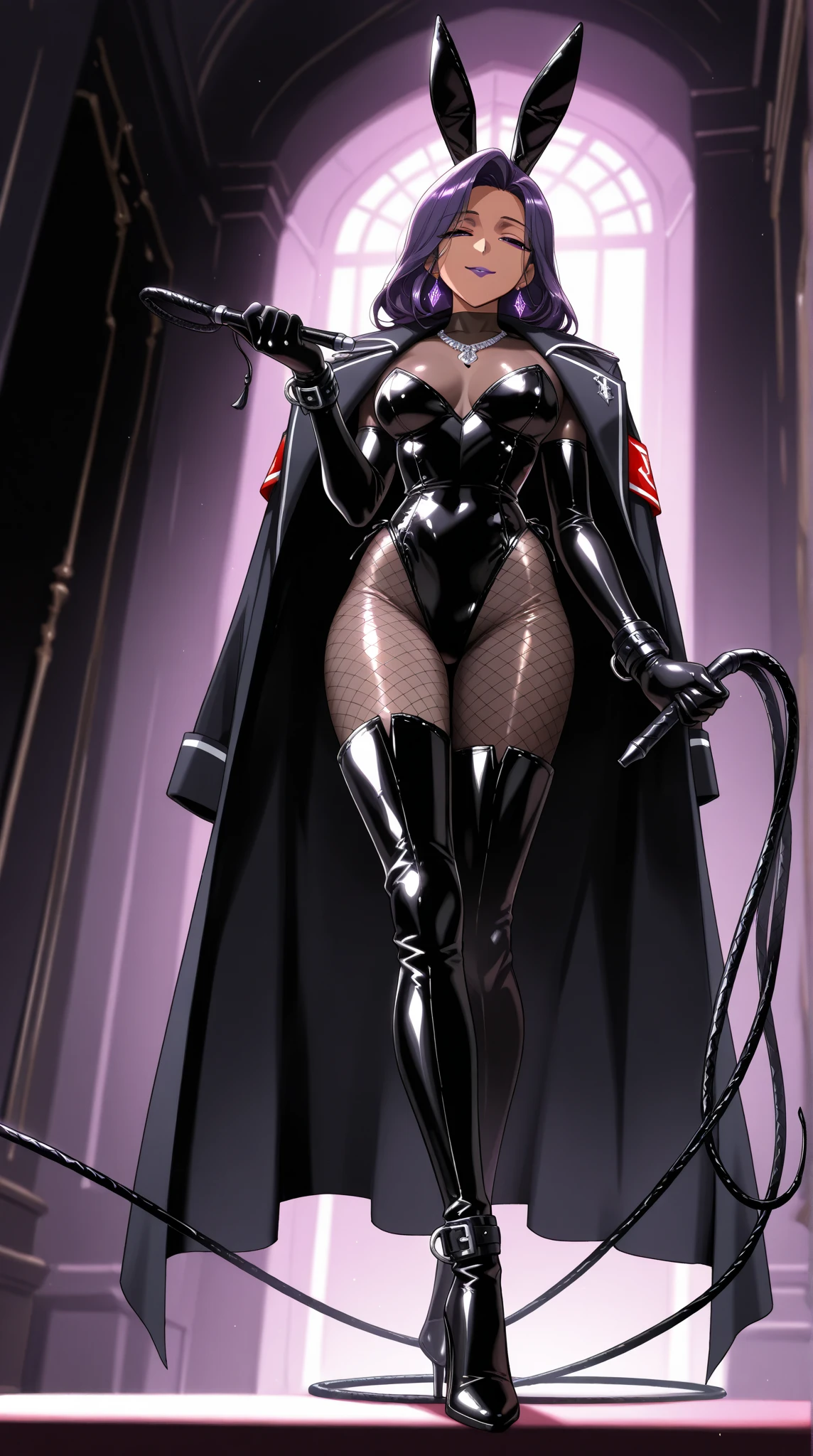 Drawing of ((best quality)), ((masterpiece)), (detailed), perfect face, medium shot,gothic 1girl, solo wearing a black leather corset with laces and belts, cape,ribbon, lipstick, pale skin, dark purple hair, braided ponytail, perfect anatomy dominatrix, slender figure , toned body, ((black garter belt on hips)), midriff exposed, ((squeezed cleavage:1.2)), hourglass waist, angular face, defined cheekbones, (dark stockings), dark gauntlets, heavy makeup, choker, collar, shadow over eyes, looking at viewer, black thigh highs, black lingerie, boots, high heels, , medium shot, lighting, artwork, blank background