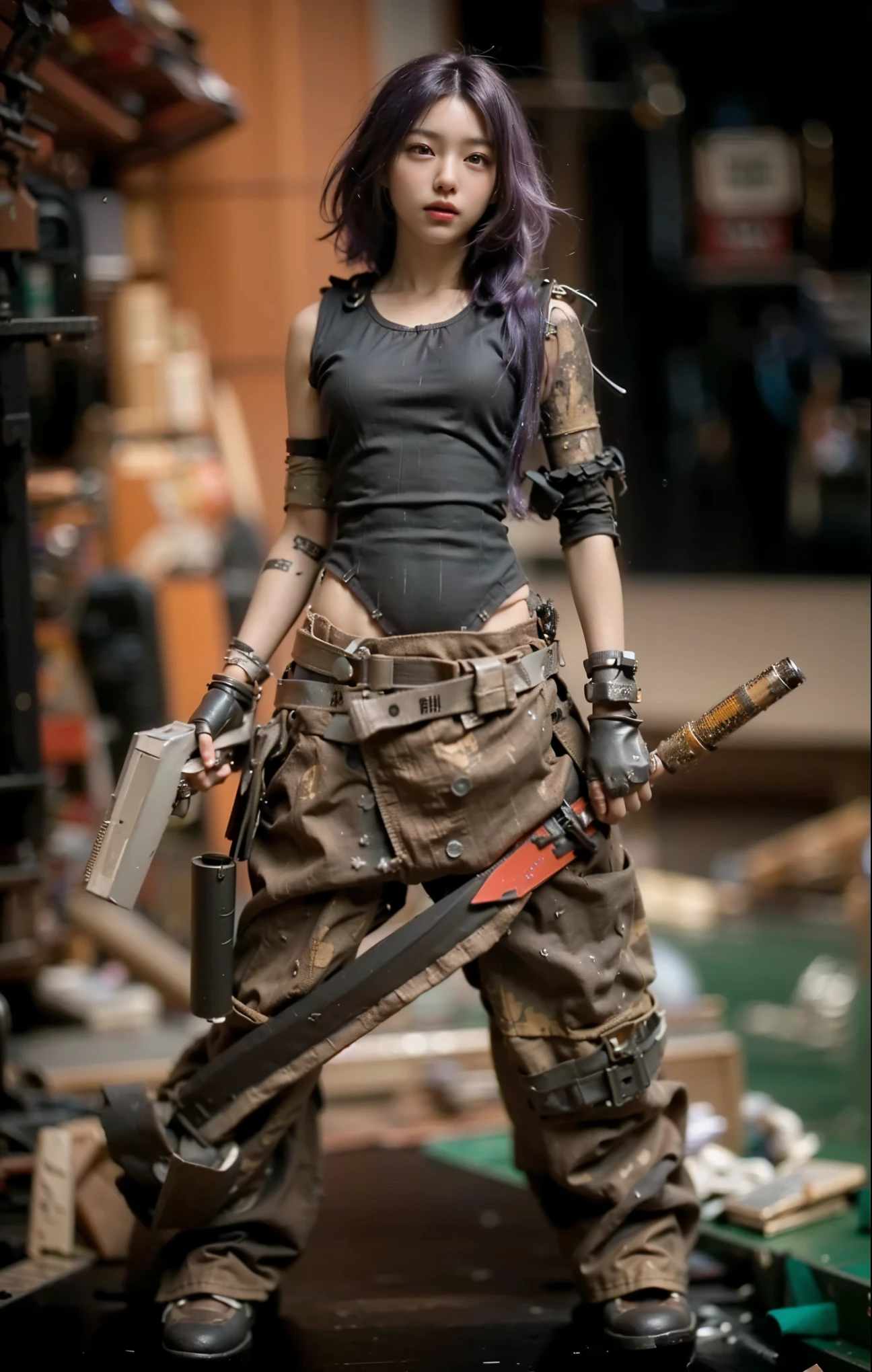 (Completely live action:1.37), (Amazingly realistic textures:1.37), (masterpiece, best quality:1.2), (8k uhd, 16k, 32k, ultra high res), amazingly realistic skin, amazingly realistic photo, superrealism, (photorealistic:1.37), (RAW photo), ultimately realistic, (ultimately realistic all details), (ultimately realistic all textures), super realistic lighting, super realistic shadow, (japanese girl:1.5), ((young face)), smiling, happy, super realistic face, ultimately realistic skin, ultimately realistic eyes, (mascara:1.35)ultimately realistic background, ultimately realistic detail up, kkw-ph1, ((drooping eyes, cyberpunk-style cyborg girl, amazingly intricate details, Anatomically perfect hands, mechanical body, silver knight armor, ultra glossy texture, purple hair))