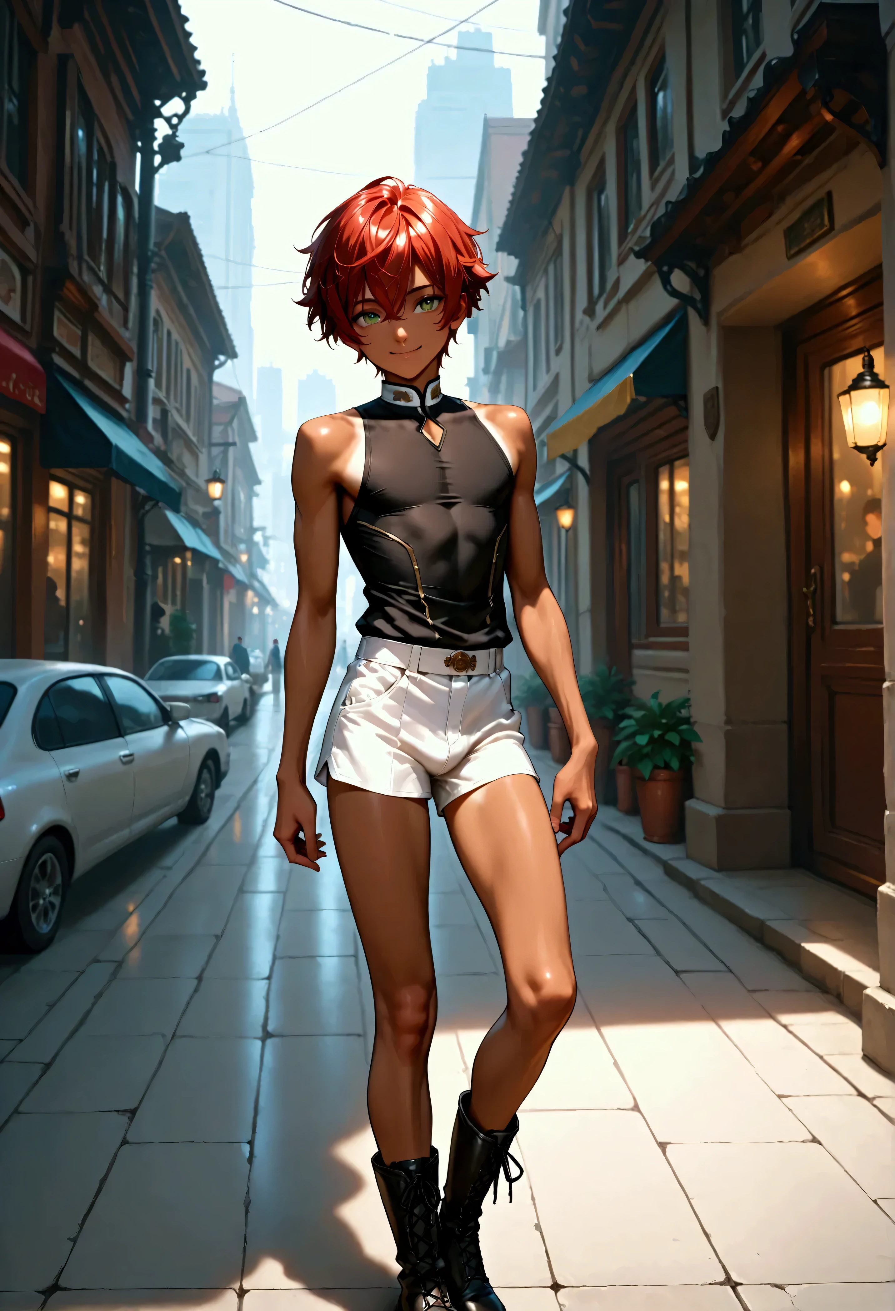 1boy, young male, skinny, dark copper tan skin, solo, red hair, short hair, sleeveless white military jacket, black tight shirts, short pants, green eyes, city street, lower buildings, standing on the street, smile, masterpiece, best quality, cinematic lighting, black lace up boots, focus on body