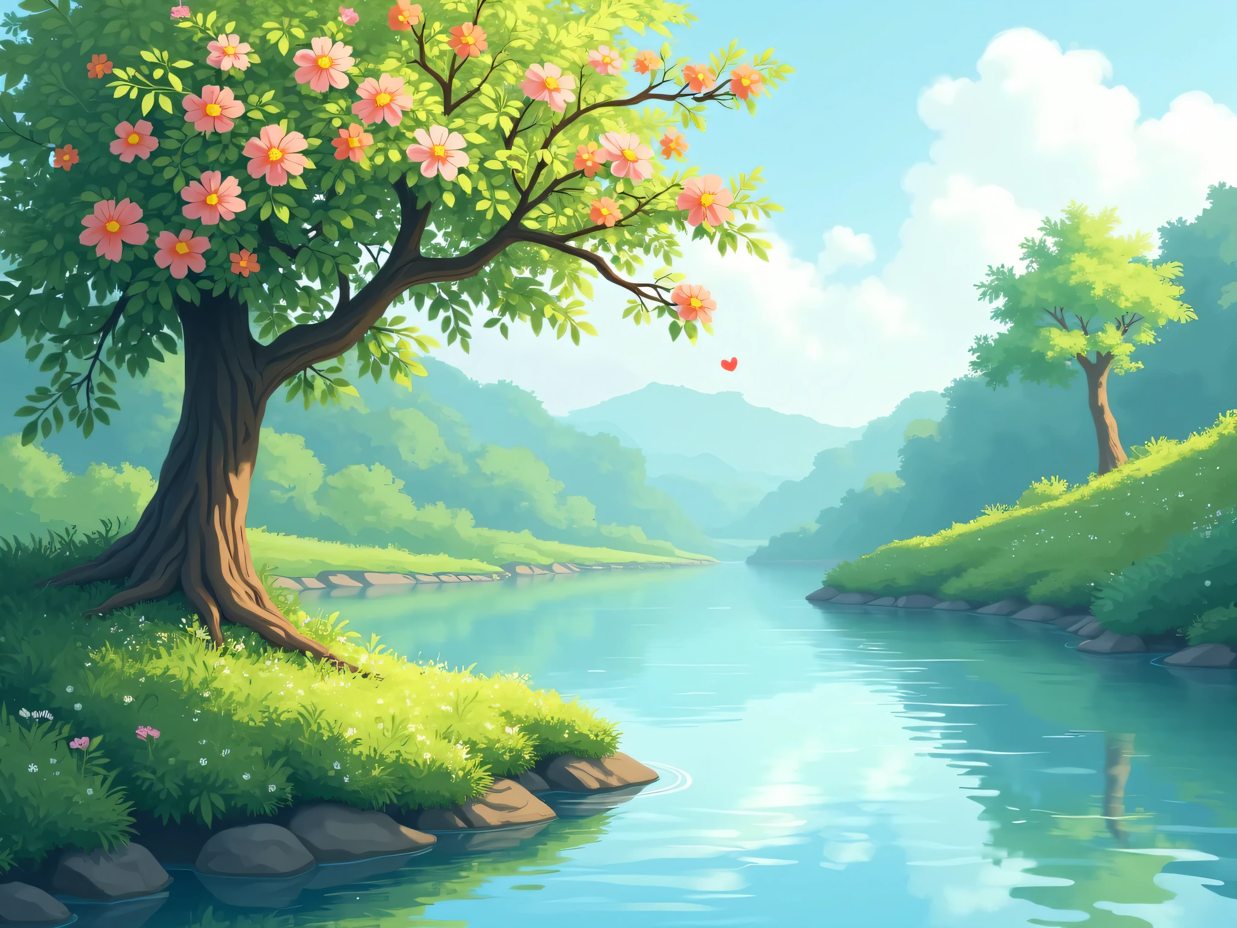 Painting of a river with a tree and flowers in the foreground - SeaArt AI