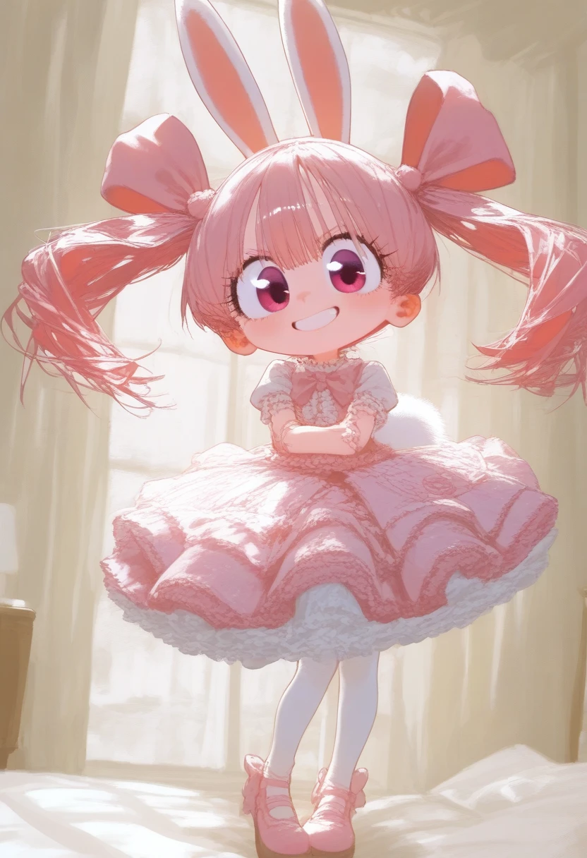 ((high quality, woman, elegant pretty face, female focus, solo)) ((pink hair, wispy hair, pigtails hair, pink rabbit ears and tail)), ((pink eyes, eyelashes, big eyes)), detailed hair, detailed eyes, masterpiece, best quality, high resolution, 4k, perfect illustration, detailed art style, smug expression, blushing, dynamic pose, ((in pink lolita outfit, inside a cute detsiled home, dynamic background))