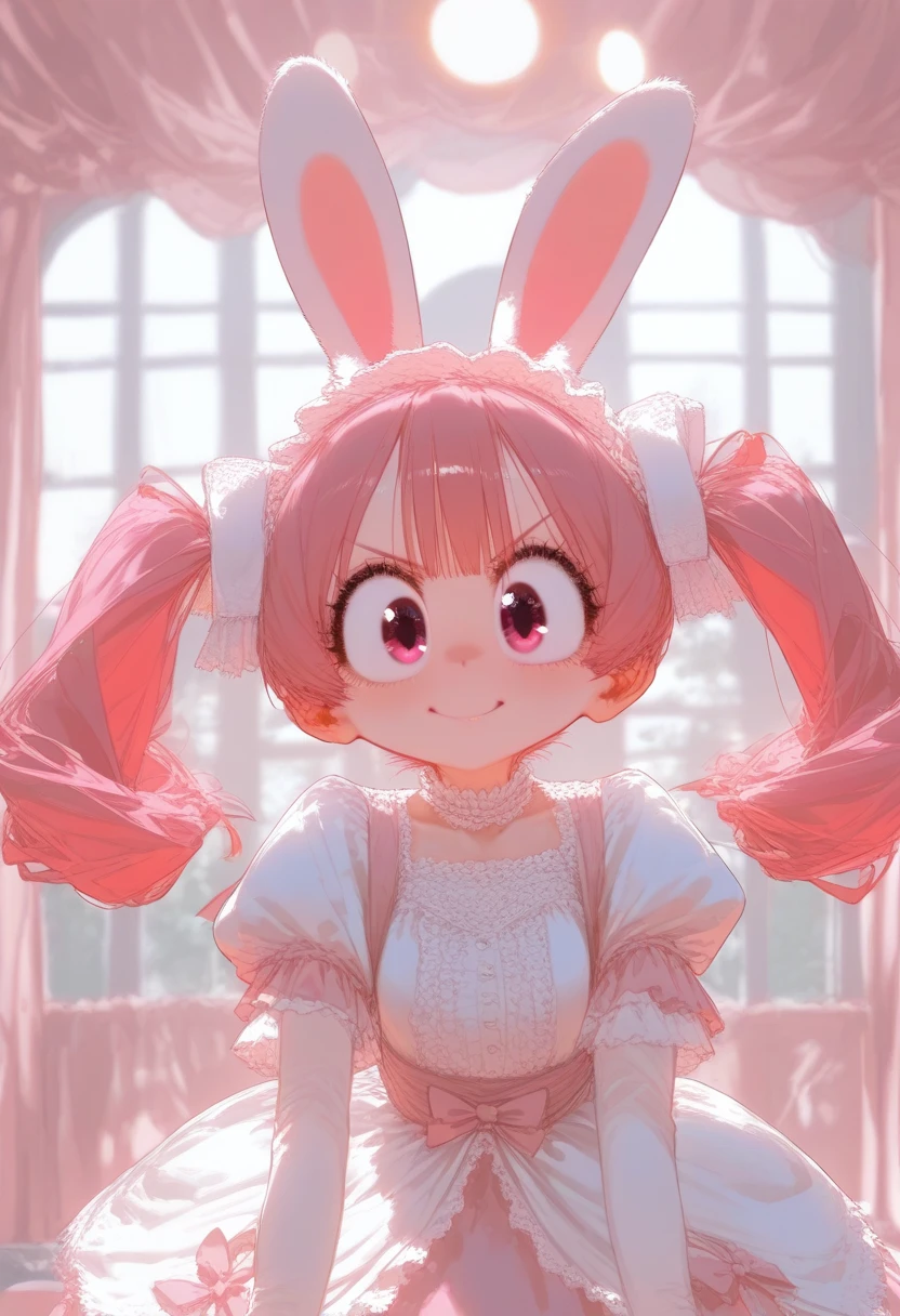 ((high quality, woman, elegant pretty face, female focus, solo)) ((pink hair, wispy hair, pigtails hair, pink rabbit ears and tail)), ((pink eyes, eyelashes, big eyes)), detailed hair, detailed eyes, masterpiece, best quality, high resolution, 4k, perfect illustration, detailed art style, smug expression, blushing, dynamic pose, ((in pink lolita outfit, inside a cute detsiled home, dynamic background))