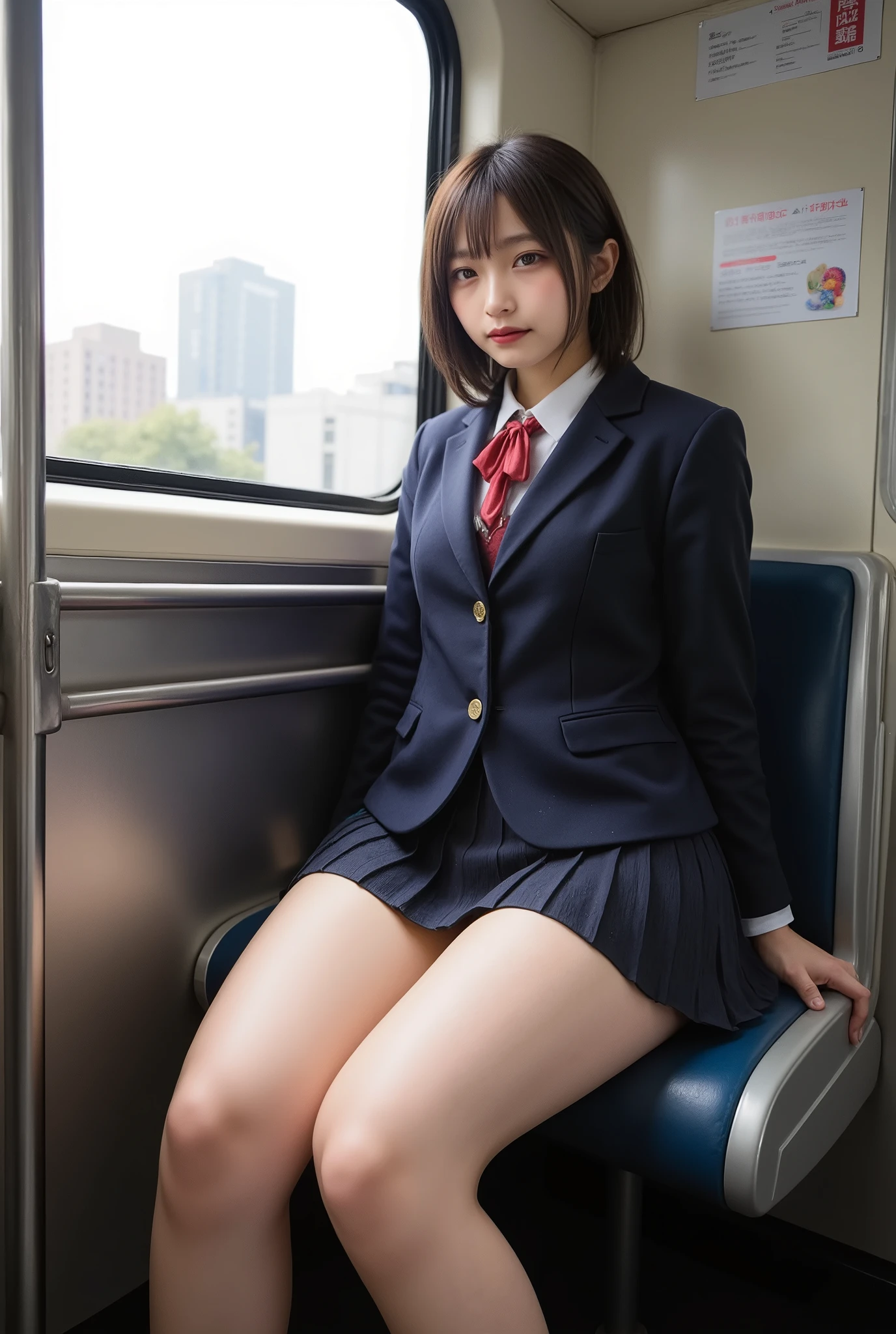 A hyper-realistic, photorealistic depiction of a Japanese high school girl loosely sitting on a train seat. She is wearing a traditional school uniform, including a navy-blue blazer, white shirt, too short pleated skirt, neatly tied red thick ribbon or bow. thick thigh, clean hip, Her black hair is styled simply, and she looks out of the window with a thoughtful expression. Her glossy thighs are dynamic prominently visible, side clean hip hands up, smile (wavy mouth), from below, from under seat view, appearing fair, smooth, and slightly emphasized with realistic lighting and texture. The train interior is modern and clean, with metal handrails, overhead advertisements, and soft natural lighting that creates a realistic and authentic atmosphere. The background shows faint glimpses of an urban cityscape through the window, with buildings and trees blurred by motion.
