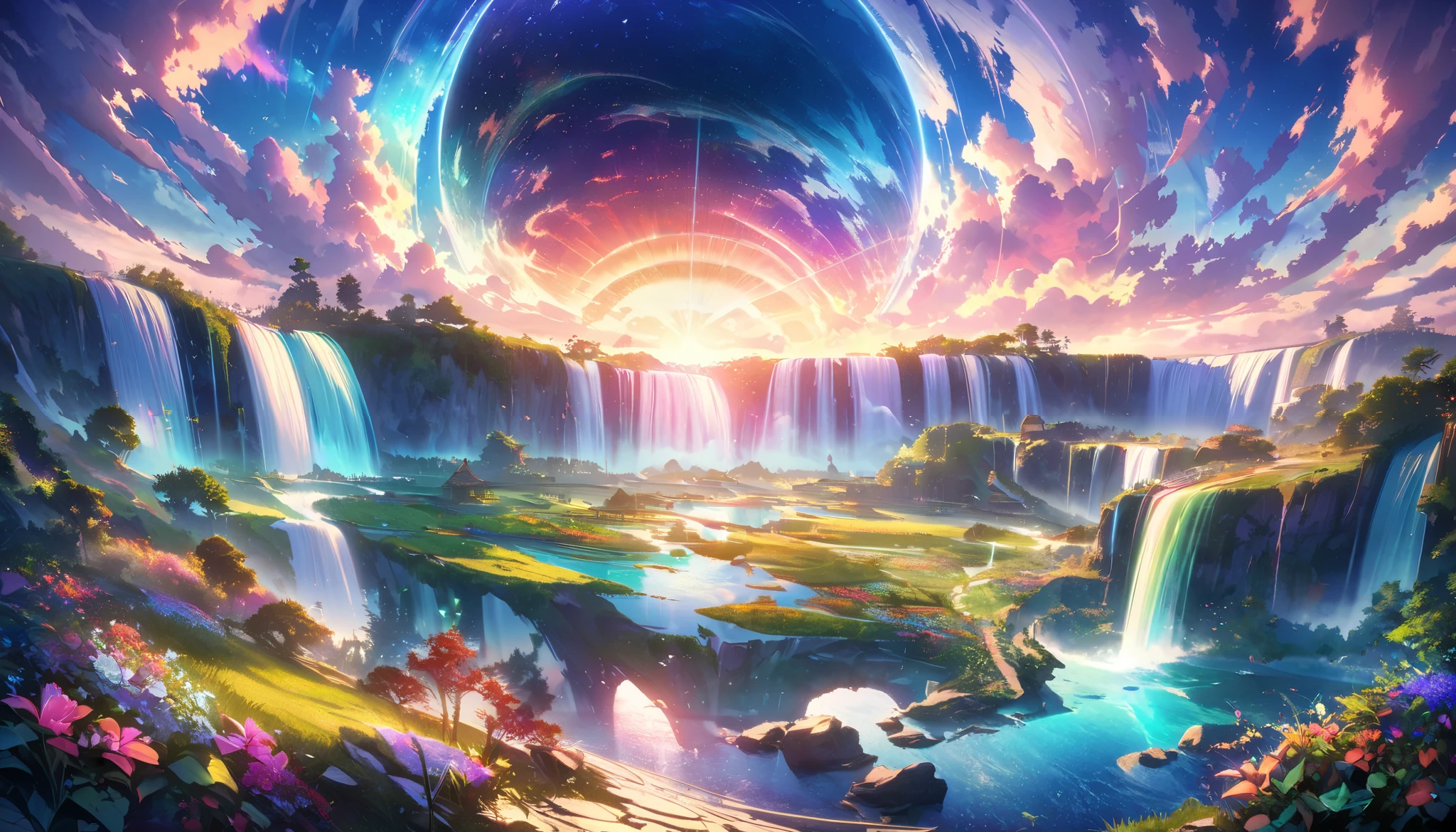Garden of Eden, colorful, dreamy scenery ,Extremely Coloured Scenery, cloud, light piercing through the cloud,Spectacular and majestic views, shot with a fisheye lens , Can you see large planets in the sky,Multiple beautiful waterfalls,Water surface reflection, Serene waterfall,flower々, quiet atmosphere, Richness in details,  Surreal Beauty ,  magical aura,  Fantasy Scenery ,  high quality digital art ,  vibrant colors,  amazing lighting , A fascinating scene , Artistic Expression, A sense of another world, Beautiful brushwork, Spectacular views, Peaceful serenity , x} Immersive Experience  ,  Breathtaking Scenery  ,  Picturesque Scenery , Mysterious charm,  Mysterious Atmosphere , Nuance, Magical Dreams.No people appear,
