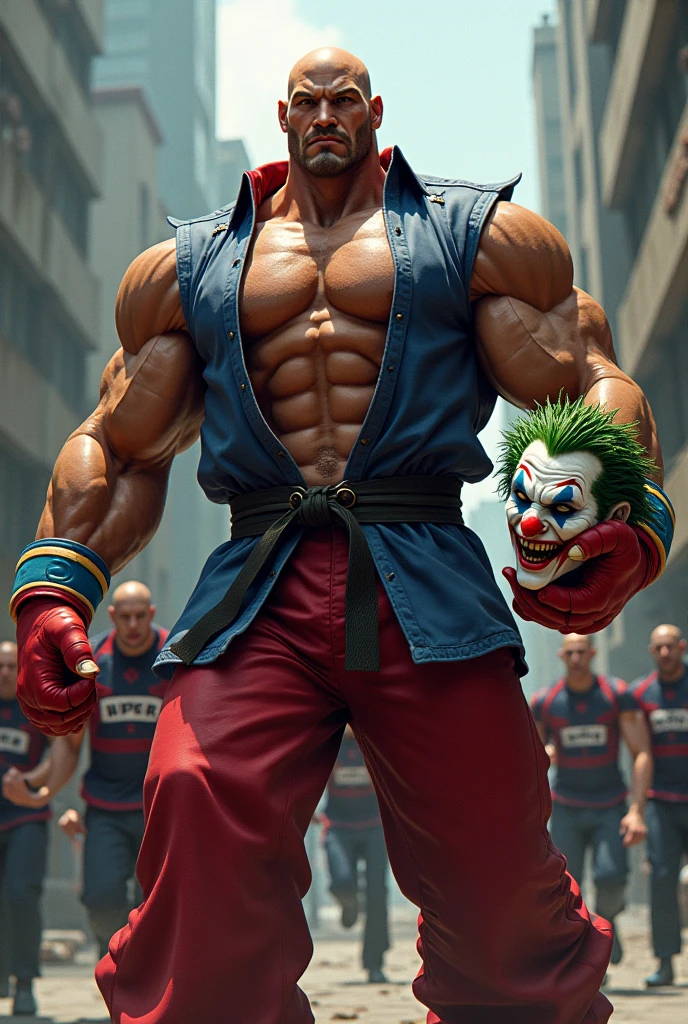 Skinny man,black skin,red shorts,clown face paint,shirtless,cocky smile,,,playground,night,red balloon