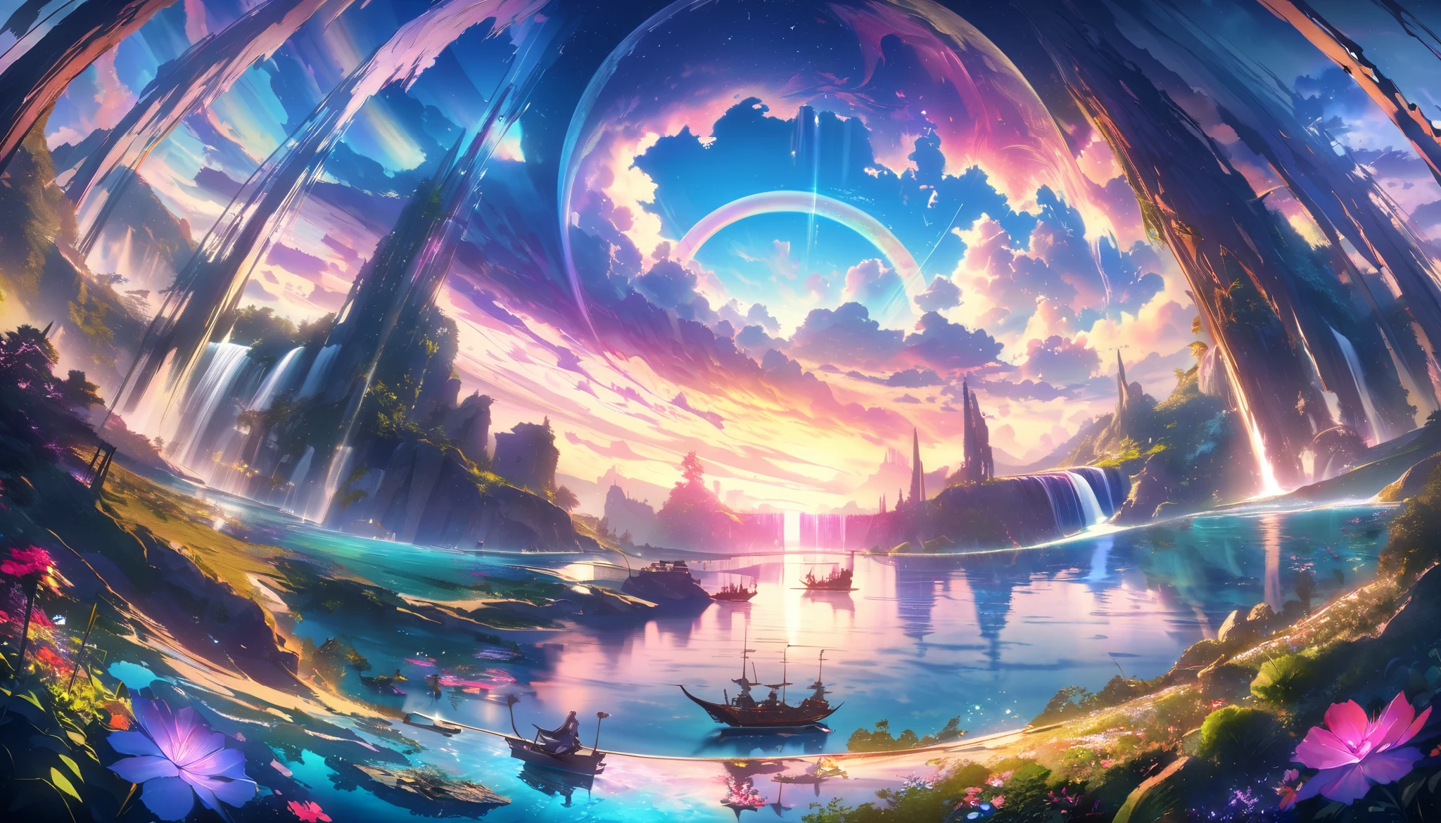 paradise, colorful,A dreamy fantasy landscape,Extremely Coloured Scenery, cloud, light piercing through the cloud,Spectacular and majestic views, shot with a fisheye lens , Can you see large planets in the sky,Multiple beautiful waterfalls,Water surface reflection, Serene waterfall,flower々, quiet atmosphere, Richness in details,  Surreal Beauty ,  magical aura,  Fantasy Scenery ,  high quality digital art ,  vibrant colors,  amazing lighting , A fascinating scene , Artistic Expression, A sense of another world, Beautiful brushwork, Spectacular views, Peaceful serenity , x} Immersive Experience  ,  Breathtaking Scenery  ,  Picturesque Scenery , Mysterious charm,  Mysterious Atmosphere , Nuance, Magical Dreams.No people appear,