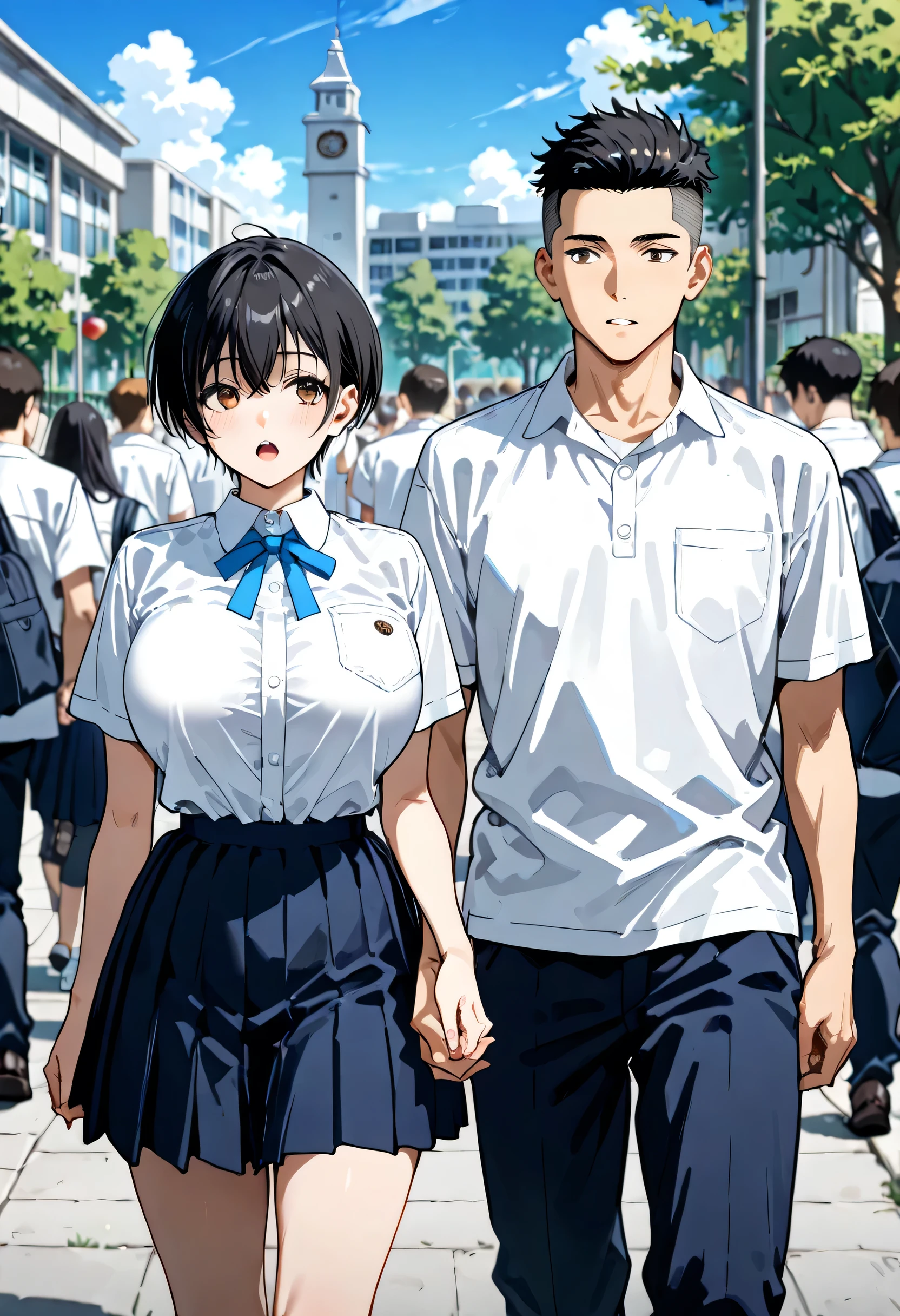 Anime characters walking down a street with a clock tower in the ...