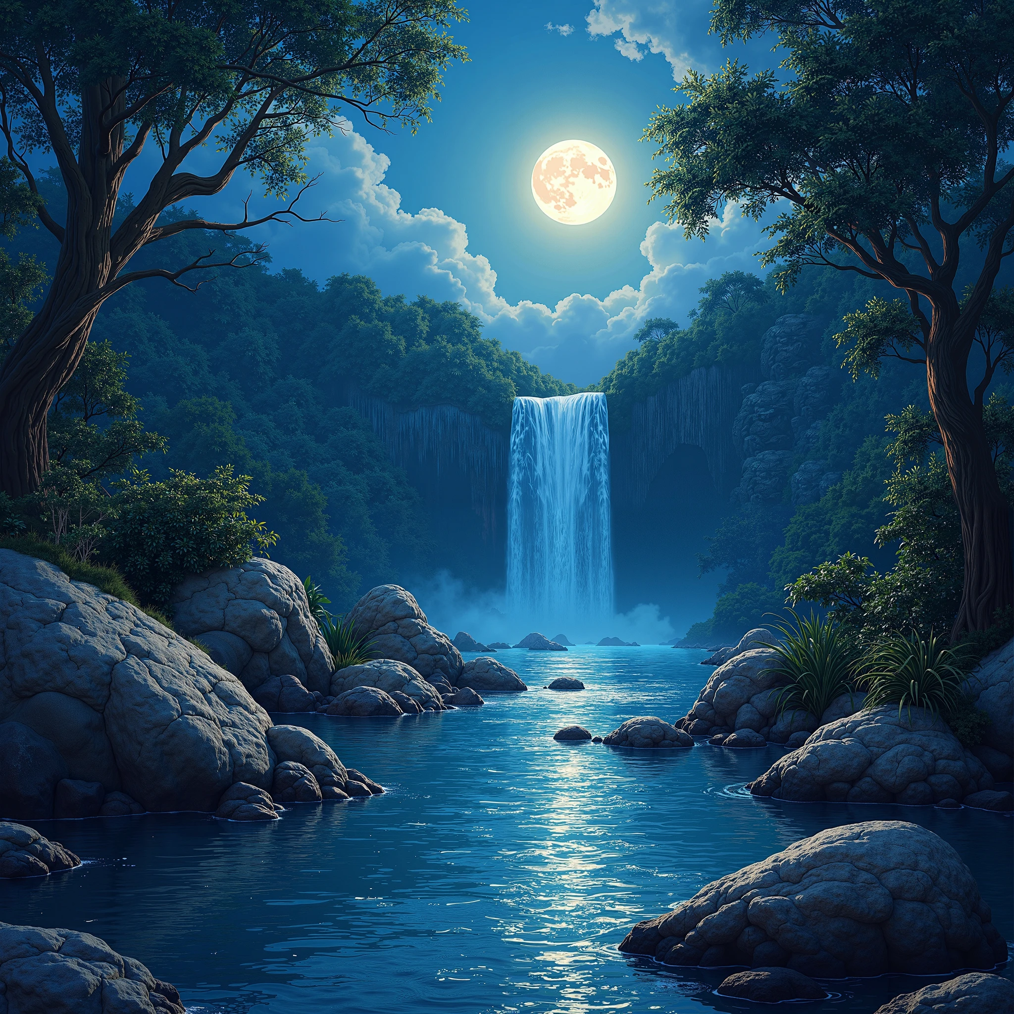Painting of a waterfall in a forest with a full moon - SeaArt AI