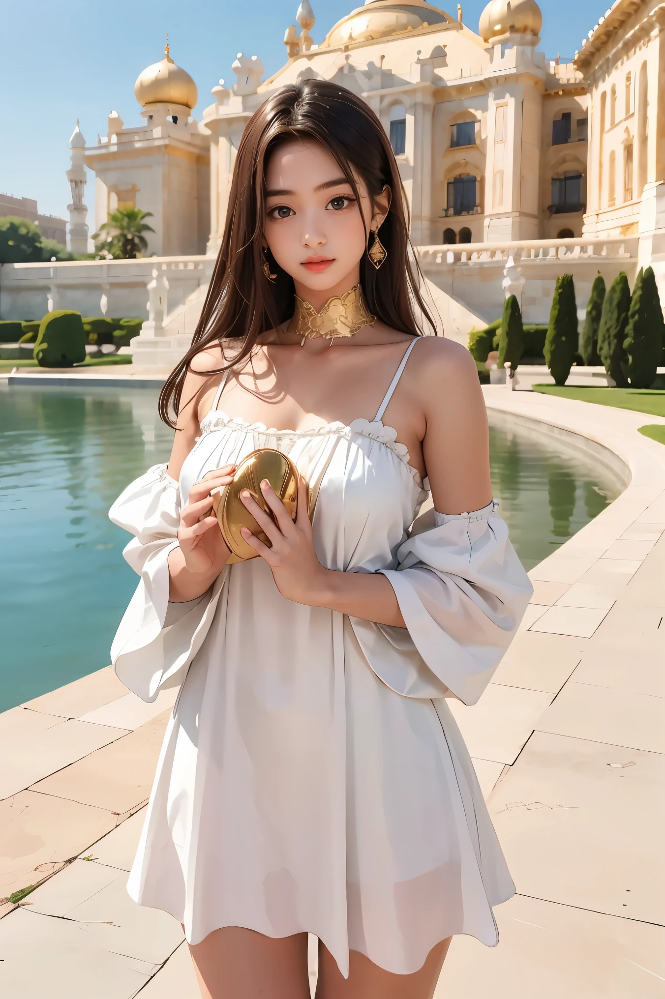 Beautiful woman with perfect body：1.4，Layered Hairstyle，Prominent cleavage：1.1，Highly detailed face and skin textures，Double eyelids，Skin Whitening，Long hair，Whitened long legs，（Gold dress），Standing by the sea
