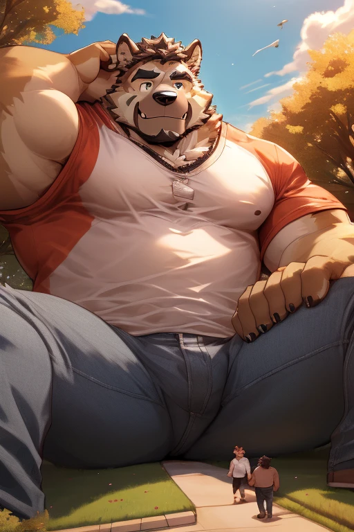 solo, male, beige and white fur, canine dog, shiba inu, large chubby body, naked, bulge (wearing only white underwear brief, brown leather boots), (Full Body Focus), sitting on a bench, legs spread, leg raised up, head to foot, looking at viewer, high detailed, masterpiece, public park background, by Meesh