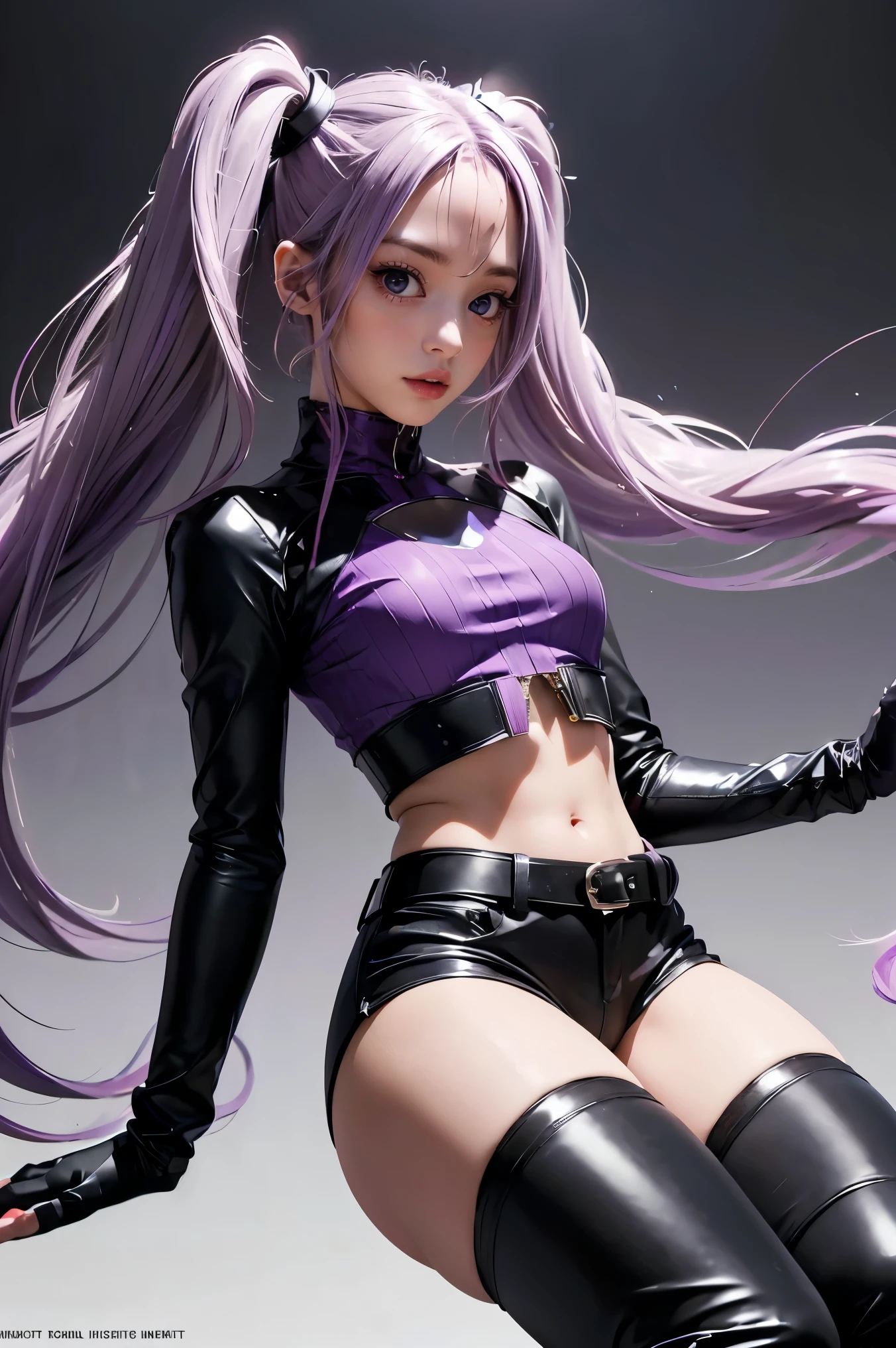 Best Quality, Ultra High Resolution, Cute, (KPOP Idol), (Long Twintail), (Light Purple Hair:1), ((Big Eyes)), Looking at you,
BREAK ((upper body:1.3)), Front View,A character with long, flowing silver hair and a slender build, wearing a black and white outfit that includes thigh-high boots and gloves. The character is in a dynamic pose surrounded by ethereal purple crystals and energy,
The character is in a dynamic pose surrounded by ethereal purple crystals and energy,A character with long, flowing purple hair, wearing a metallic top and black shorts with thigh-high boots. The outfit includes straps and belts, giving it a futuristic or fantasy style. The character is in a dynamic pose with radiant light or energy surrounding them, set against a minimalistic abstract background,
