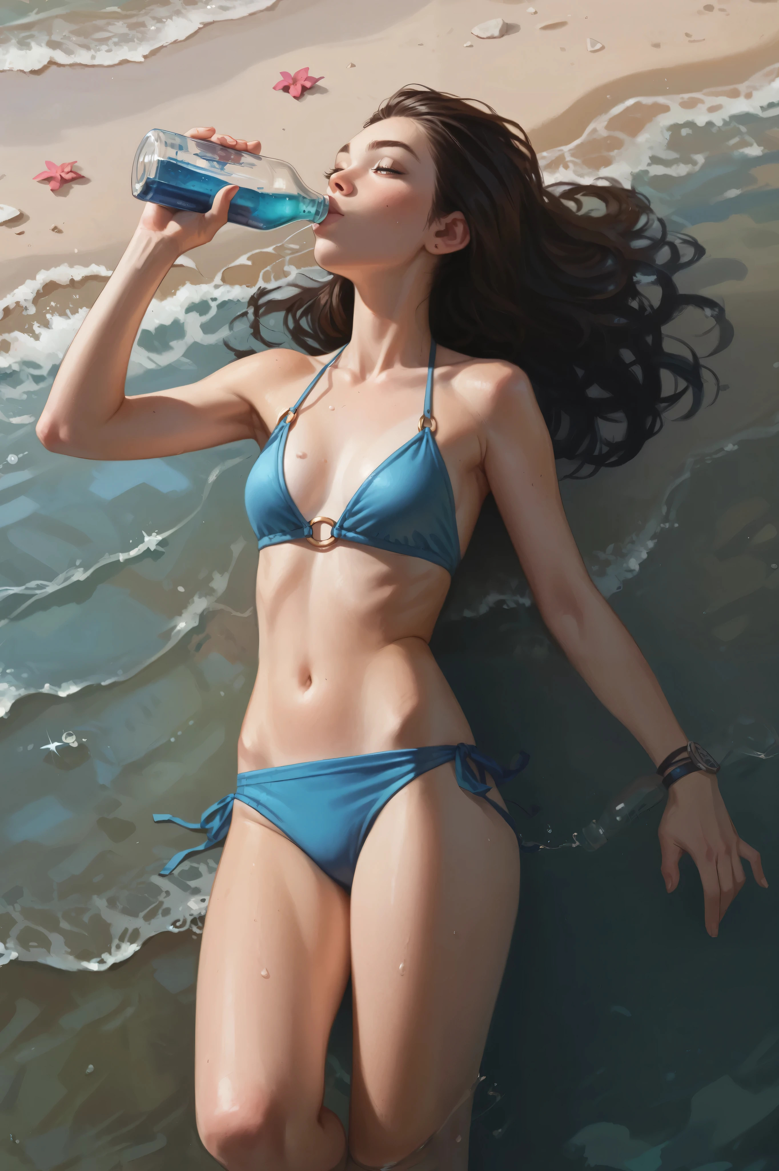bikini brunette drinking a bottle