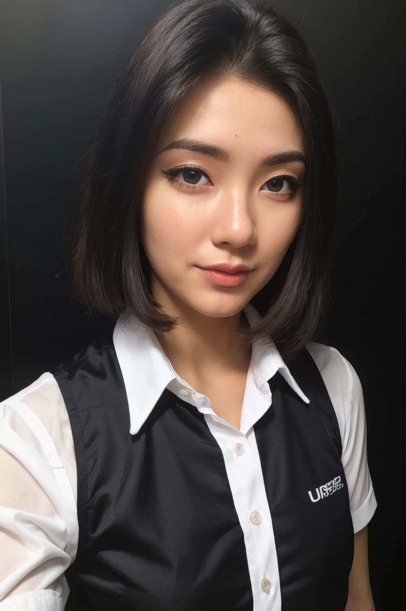 20 years old woman, (photorealistic:1.4, realistic), highly detailed CG unified 8K wallpapers, 1girl, (((thick body:0.8))), looking at viewer, (HQ skin:1.4), 8k uhd, dslr, soft lighting, high quality, film grain, Fujifilm XT3, ((upper body shot:1.2)), (((black silk collared shirt))), ((simple background, black background)), ((black short hair))