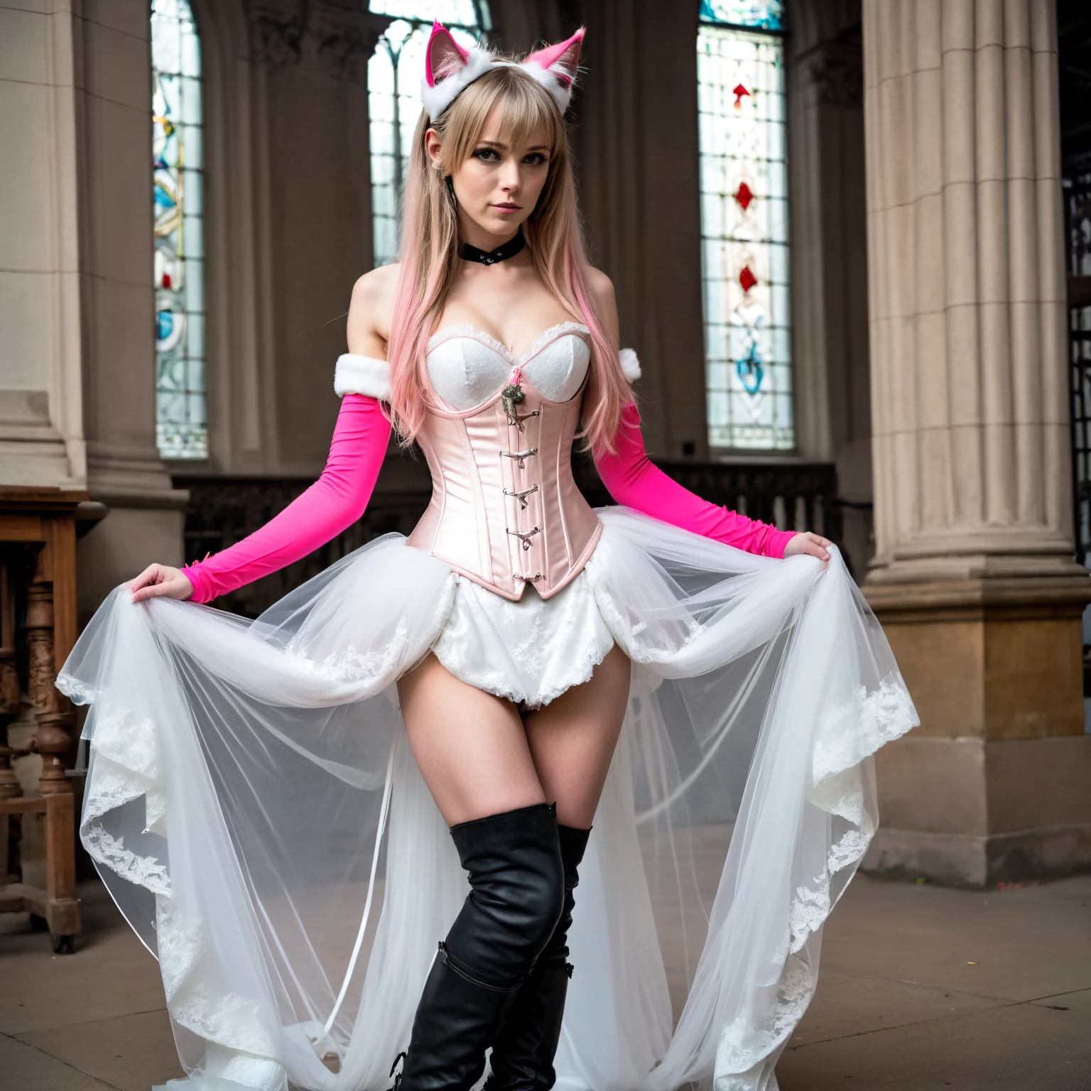 make a woman with long light pink hair and very small, short horns facing forward above her forehead with a white headband with a red line on each side of the headband, with a very elegant crimson red dress that is moved by the wind and the image is full body and in the background the dance floor of a castle