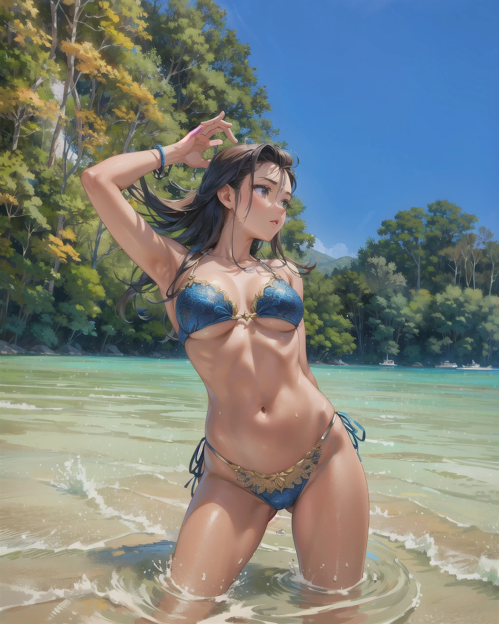 realistic, photorealistic, detailed, beautiful, RAW photo, film grain, (natural lighting, perfect lighting:1.5), wrinkled skin, day,
myjk, japanese, 1girl, (diagonal bangs, dutch angle, french braid), brown eyes, (toddler:1.01), wind, (arms up, cowboy shot, bikini top, naked, beach, from behind, ass), (crowded men:1.3)