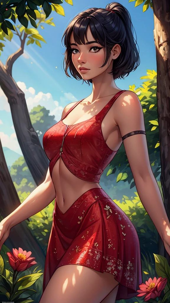 masterpiece, absurdres, mikasa, 1girl, solo, smiling, mature female, wearing indian saree, red saree, looking at viewelling petals), perfect composition, detailed lips, big breast, beautiful face, body proportion, blush, (pink lips), short black hair, opened hair, soft gaze, super realistic, detailed, photoshoot, realistic face and body, full body picture, 16k