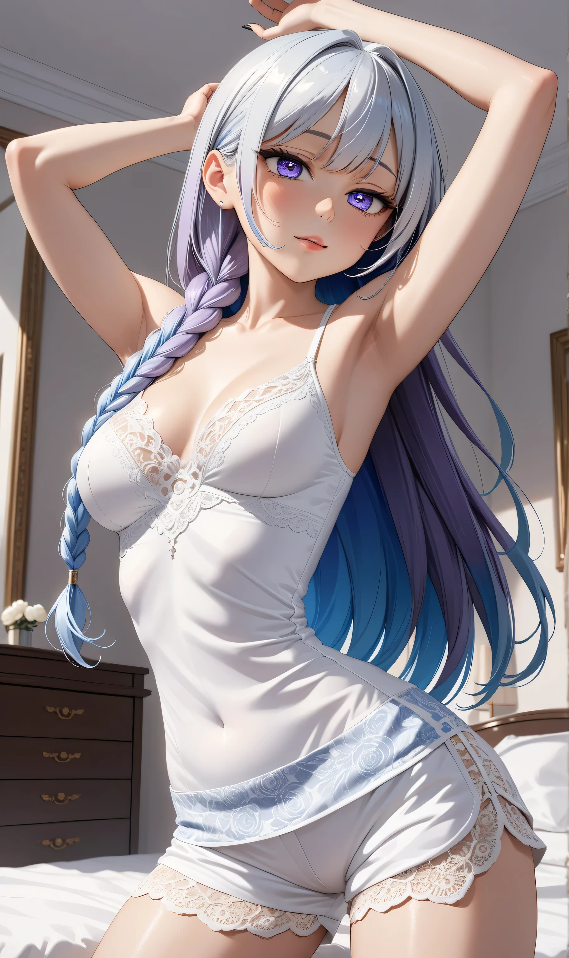 ((Random Sexy pose)), (elegant mature women), ((Ultra detailing)), (very aesthetic, best quality, ultra detailed), intricate details, 1girl, silver hair, Blue inner hair ,(blue-Purple eyes),((Detailed eyes)), ((Beautifull eyes)), ((prefect eyes)), sharp jawline, long hair, Medium breasts, Licking her lips, Blush, Small breast, white bloomers, white camisole, print , side braids hair, stretching, yawning, one arm up Armpit, one eye closed, bed room, low angle view
