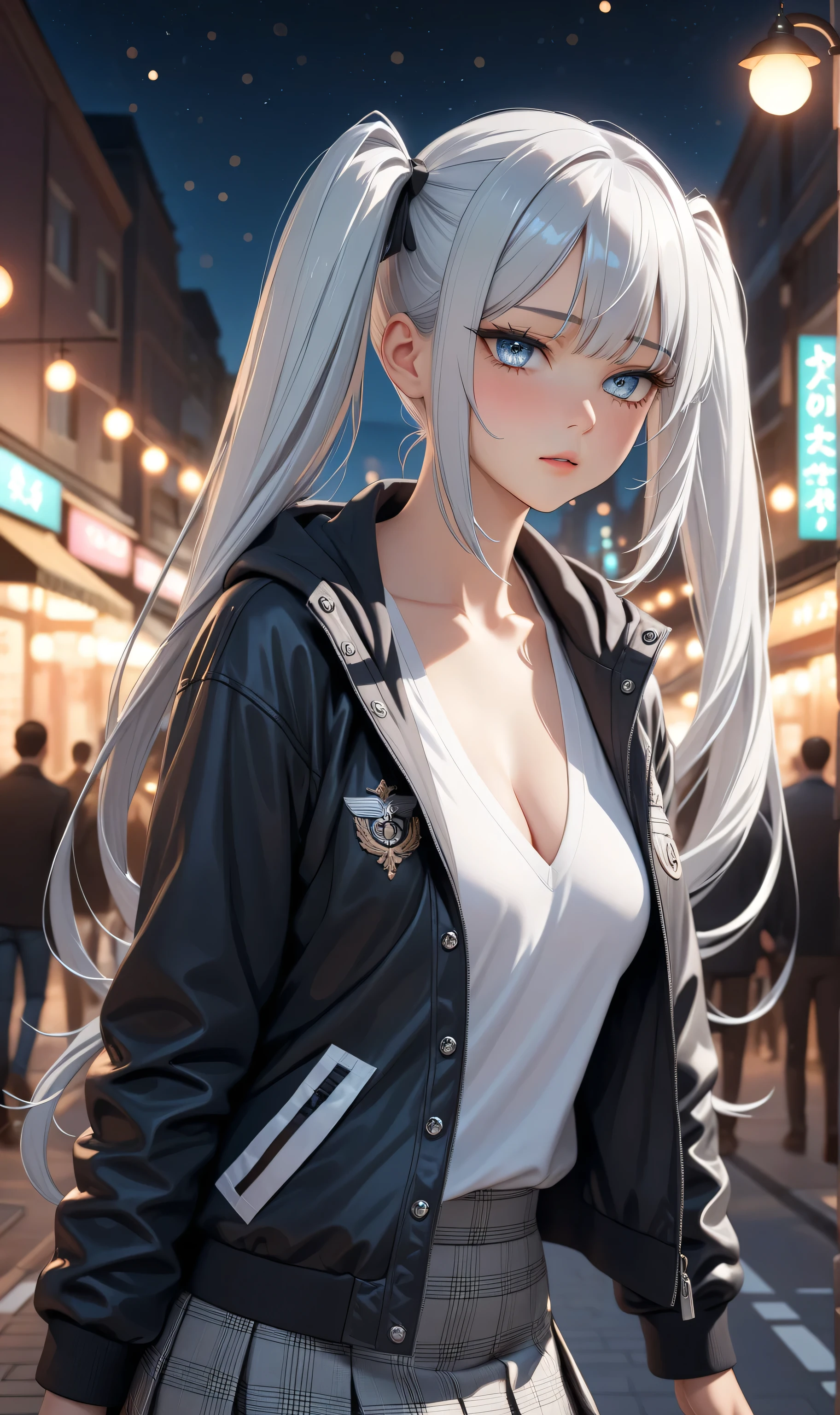Upper body, (highest quality, 8k, 4k, High resolution, masterpiece:1.2), Random sexy pose, ((Ultra detailing)), (very aesthetic, best quality, ultra detailed), intricate details, 1girl, silver eyes,((Detailed eyes)), (( eyes)), ((prefect eyes)), ((Silver hair, long hair, Twintail)) shy, Blush , medium breast, (Wearing Jacket, Shirt, V neck, Skirt, ) night, bustling street, Strolling around, Light and shadow with attention to detail, background bokeh.