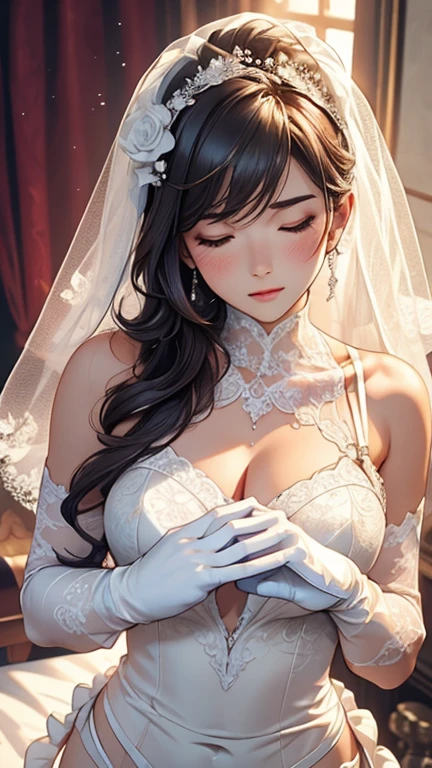 Character Details:, - Gender: 1 Girl.
- Style: Anime, - Body Type: Attractive body, slim body, nice legs, slim tights, nice arms, nice shoulders. - Breast: ((Small Breast:1,5)), Cleavage.
- Facial Feature: Beautiful, Gorgeous, ager, Fresh, Young.
- Expression: Shy, Smile, Horny, Pink Blush on Face, Sexy Eyes, Sexy Look, (Sweating:1.4), Innocent Look, Tipsy. - Hairstyle: Blunt Bangs, Long Hair. - Hair Color: black Hair.
- Clothing: ((Majestic Wedding Dress:1.6)), (off-shoulder:1.6), (Stocking:1.4). - Body Pose: (Kneel). - Behaviour: Waiting, Want Something, Secretly.
- Accessories: Earrings., Environmental Details:, - Setting: Bed Room., - Lighting: Natural Light., - Decoration: Modern Bed, Desk, Chair, Window, ((White Curtains:1.6)), City View. Top view. pov, anime style, UHD, retina, masterpiece, accurate, anatomically correct, textured. ((nsfw))