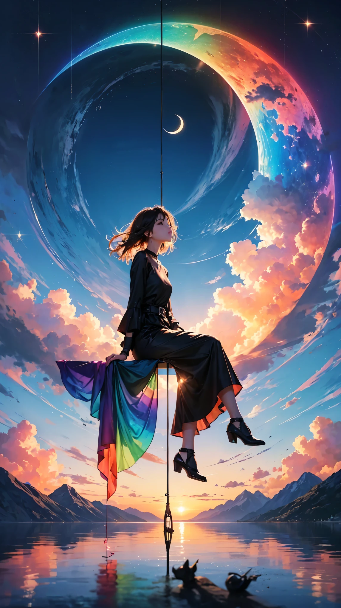 Ultra-realism, an attractive fishing girl seated on a crescent moon, one person, a very thin line hanging straight down from a fishing pole, an aesthetic Earth attached the top, transparent and aesthetic internal illumination an attractive expression, ultra-detailed details, ultimate quality, luxurious minimalism, a simple and majestic composition, ultimate quality, artistic design, dark pop fantasy, crystal coating, holographic reflection, fantastic rainbow-colored fog, refined aesthetics, ultra hi-res, super retina.