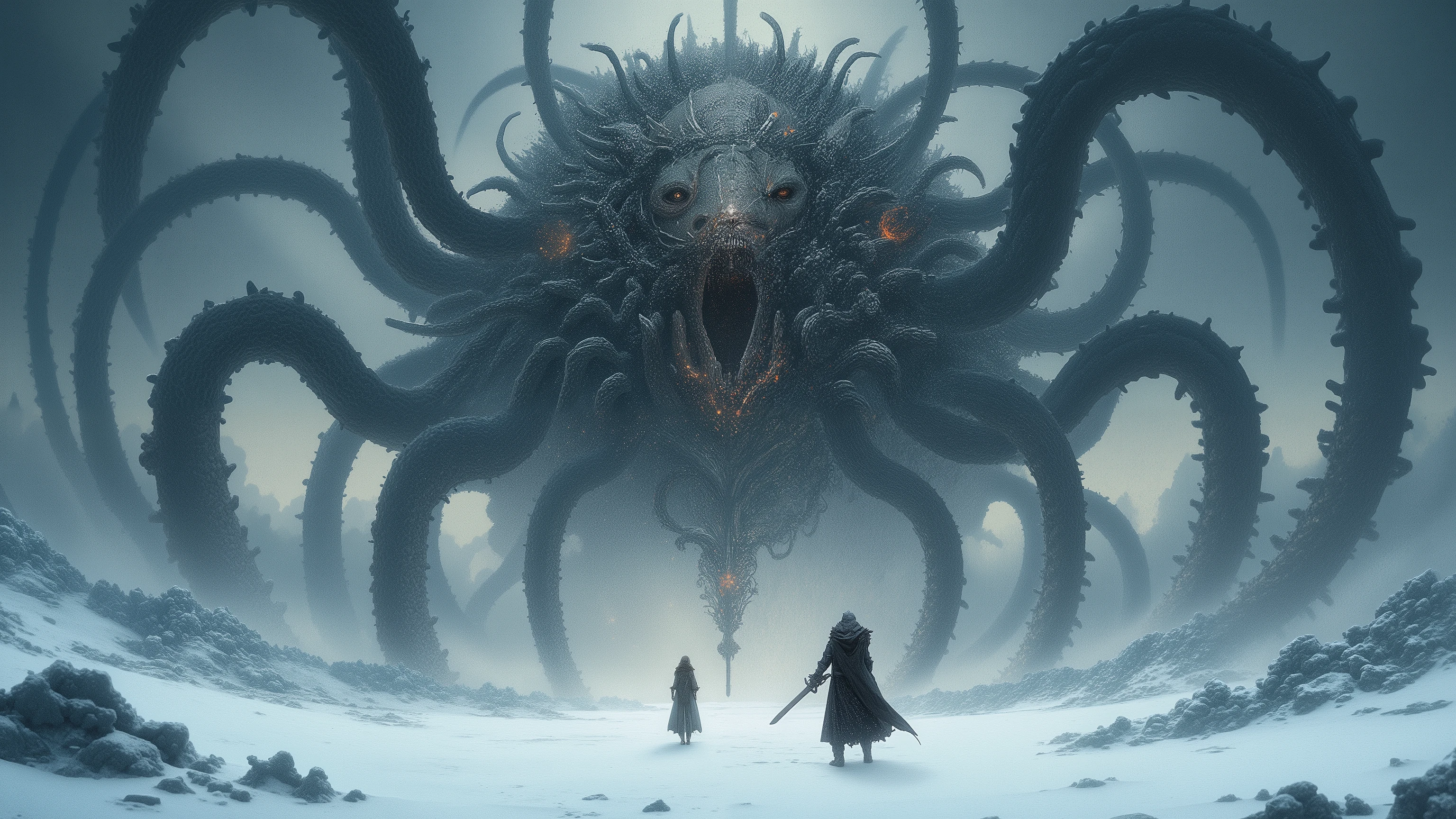 Masterpiece, Top Quality, Retina, Snowy Scenery, (One woman with a big sword, one man and one panda beastman, white breath, tattered armor and cloak and robe, the two and one are side by side), Do not be afraid, (Great despair and small hope), (A strangely shaped mechanical god that will bring ruin to the world, countless tentacle-like mechanical tubes are connected to the beautiful woman's face, God of Destruction, a fusion of H.R. Giger's design and Yasushi Nirasawa's design), Our final battle, an endless battle is coming, it's very painful and sad, but please show them the light), Beautiful and cruel landscape that brings tears to my eyes, Panorama, Wide angle, Snow-covered wilderness and a day like midnight