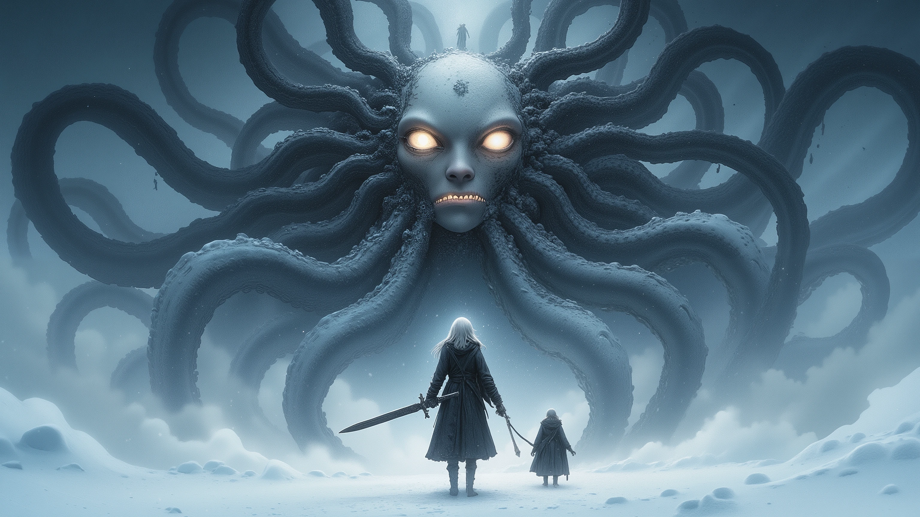 Masterpiece, Top Quality, Retina, Snowy Scenery, (One woman with a big sword, one man and one panda beastman, white breath, tattered armor and cloak and robe, the two and one are side by side), Do not be afraid, (Great despair and small hope), (A strangely shaped mechanical god that will bring ruin to the world, countless tentacle-like mechanical tubes are connected to the beautiful woman's face, God of Destruction, a fusion of H.R. Giger's design and Yasushi Nirasawa's design, so huge that it covers more than half of the screen), Our final battle, an endless battle is coming, so painful and sad, but please show them the light), Beautiful and cruel landscape that brings tears to my eyes, Panorama, Wide angle, Snow-covered wilderness and a day like midnight