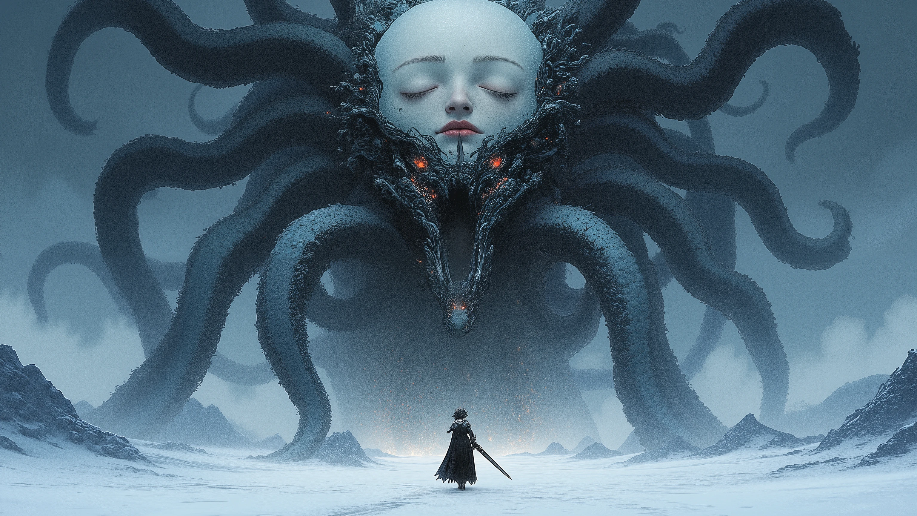 Masterpiece, Top quality, Retina, Snowy scenery, (One woman with a big sword, one man and one panda beastman, white breath, tattered armor and cloak and robe, the two and one are side by side), Do not be afraid, (Great despair and small hope), (A strangely shaped mechanical god that will bring ruin to the world, A beautiful woman's face is intricately intertwined with countless tentacle-like mechanical tubes and hideous creatures, God of destruction, A fusion of H.R. Giger's design and Yasushi Nirasawa's design, so huge that it covers more than half of the screen), Our final battle, an endless battle is coming, It's very painful and sad, but please show them the light), Beautiful and cruel scenery that will make you cry, Panorama, Wide angle, A snow-covered wilderness and a day like midnight
