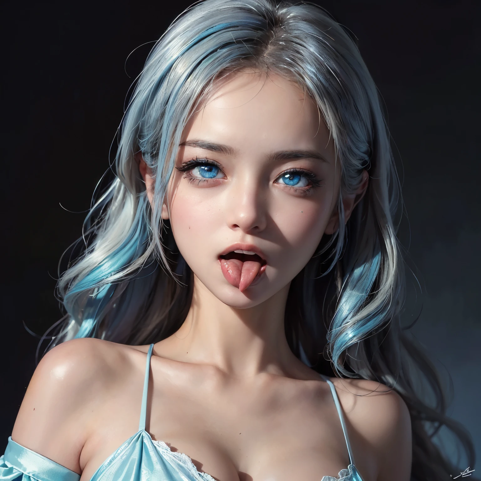 Girl, 20 years old, perfect anatomy, white lace lingerie, (elf ears:0.8), (close-up photorealistic:1.2), (sits on the floor:0.7), [knees together], [cobalt | (white:1.2) | (blue:1.3)] hairs, (threatening | pleading look) gaze, (shocked face:1.2), (tongue out:1.44) mouth, (look at viewer:1.2), masterpiece, best quality,
