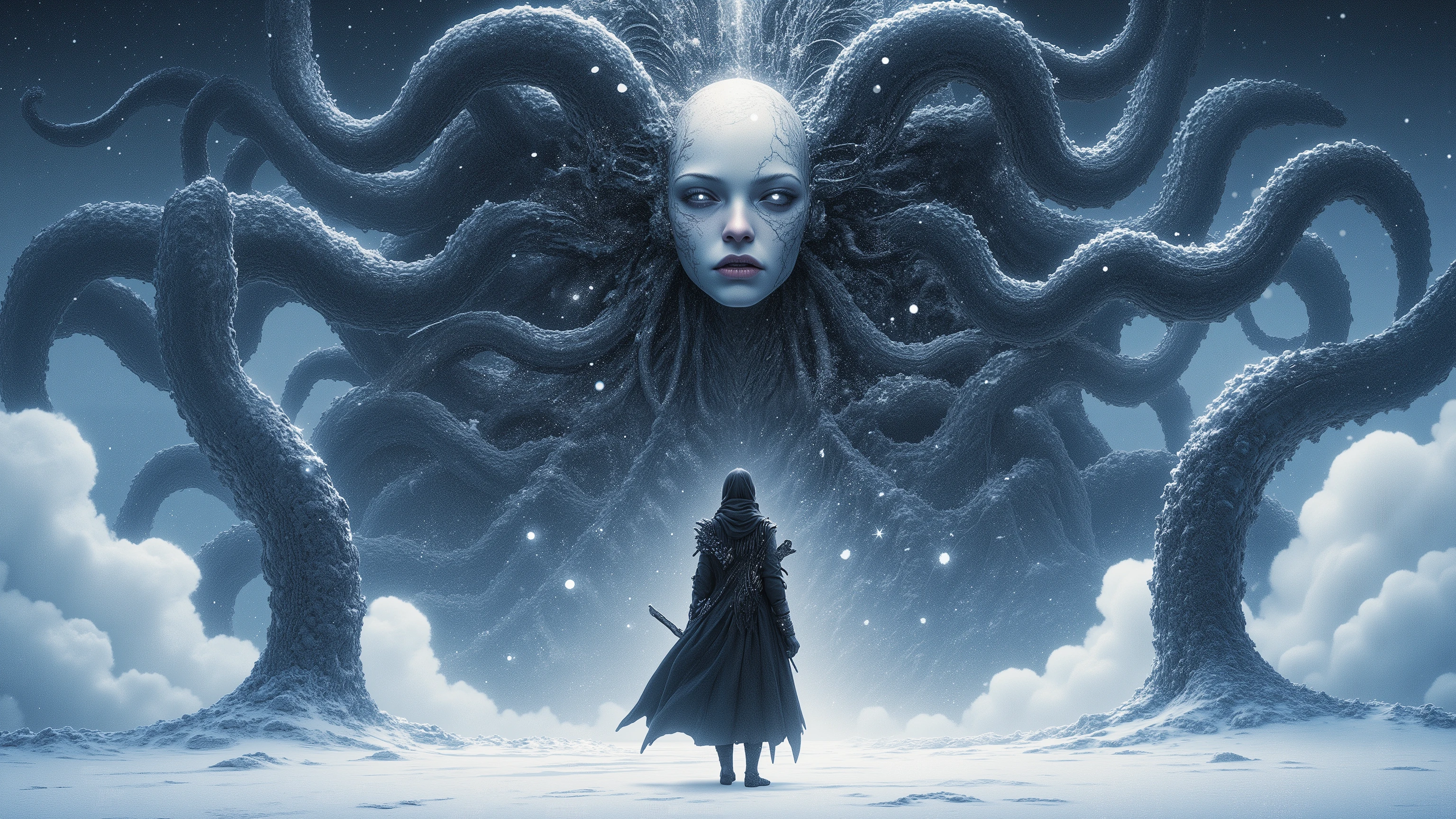 Masterpiece, Top quality, Retina, Snowy scenery, (One woman with a big sword, one man with a huge gun, and one panda beastman wearing futuristic heavy armor, white breath, tattered armor and cloak and robe, the two and one are side by side), Do not be afraid, (Great despair and small hope), (A strangely shaped mechanical god that will bring ruin to the world, A beautiful woman's face is connected to countless tentacle-like mechanical tubes and hideous creatures in a complex entanglement, God of destruction, A fusion of H.R. Giger's design and Yasushi Nirasawa's design, so huge that it covers more than half of the screen), Our final battle, an endless battle is coming, It's very painful and sad, but please show them the light), Beautiful and cruel scenery that makes me want to cry, Panorama, Wide angle, A snow-covered wilderness and a day like midnight