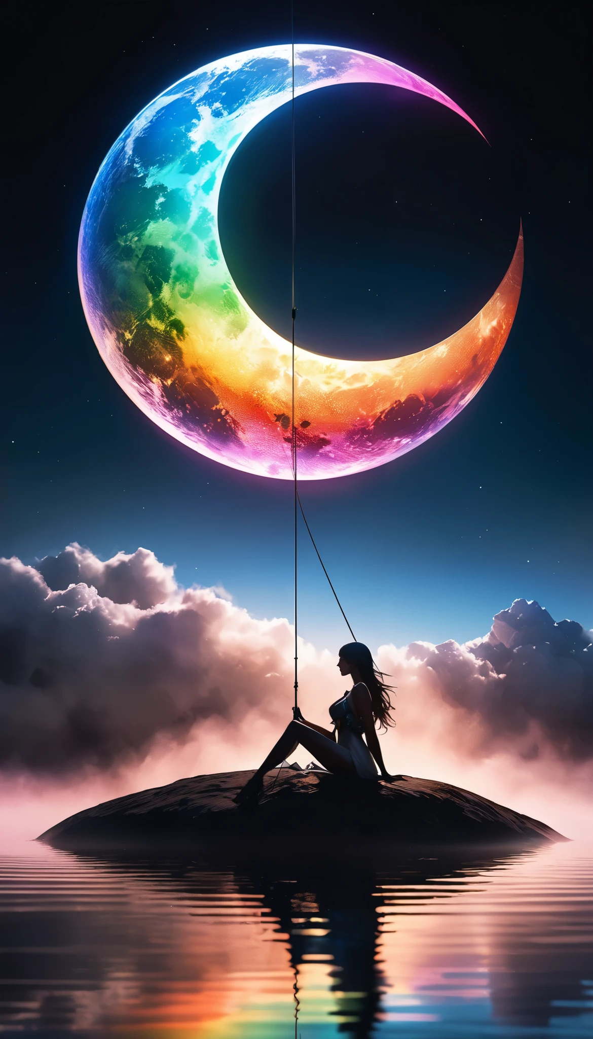 Ultra-realism, Attractive fishing girl sitting on a crescent moon, 1 person, A very thin line is hung straight down from a fishing pole, Aesthetic Earth attached to the top, Transparent and aesthetic internal illumination, BREAK Attractive expression, Ultra-detailed details, Ultimate Quality, Luxurious minimalism, A simple and majestic composition, Ultimate Quality, Artistic Design, Dark pop fantasy, Crystal Coating, Holographic Reflection, Fantastic rainbow-colored fog, Refined aesthetics,