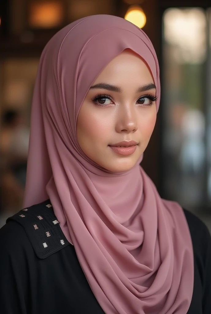 RAW, Best quality, high resolution, masterpiece: 1.3), Beautiful Malay woman in hijab, Masterpiece, perfect fit body, Big breasts, beautiful big eyes, Soft smile,RAW, Best quality, high resolution, masterpiece: 1.3), beautiful Malay woman in hijab,Masterpiece, perfect fit body, ((Huge breast)), big orgeous eyes, Soft smile, woman pink_shirt, wearing handscarf,long dress , smooth turtleneck, necklace , hairband, evening walk, City park, Great lighting, Bright colors, Clean lines