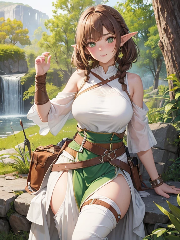elf, brown hair, short hair, brown eyes, hair between eyes, high resolution, large breasts, full body, showing navel and thighs, happy expression, fantasy, in a medieval inn