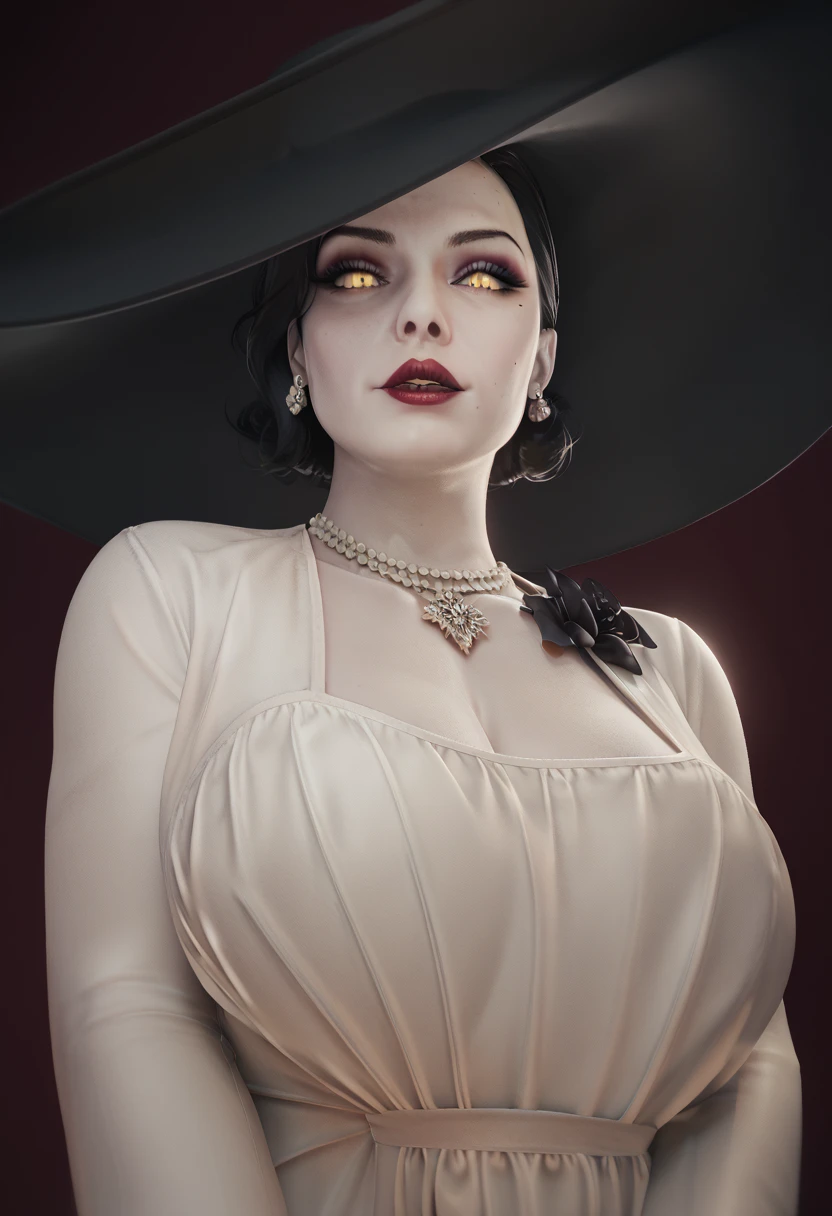 (masterpiece, best quality)
1girl, LadyDimitrescu, light skin, black hair, black flower, black rose, jewelry, breasts, necklace, hat, solo, yellow eyes, flower, dress, makeup, cleavage, pale skin, looking at viewer, earrings, lipstick, red lips, pearl necklace, rose, large breasts, smile, short hair, white dress, black headwear, upper body, sun hat, grin, mature female
