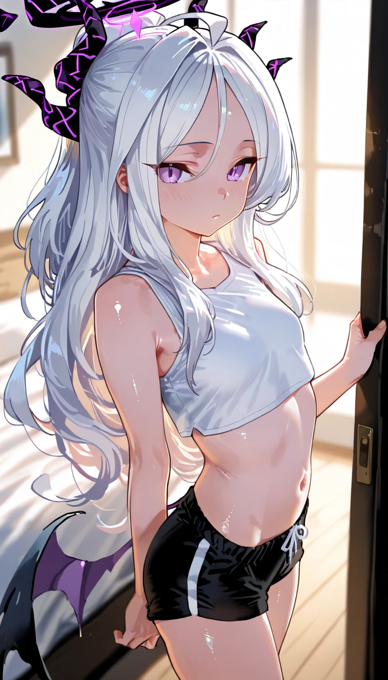 young girl, long gray hair, cat ears, Yellow eyes, Smile, tattoo, Tight blue fantasy shirt, open belly, Blue Fantasy Shorts, Masterpiece, hiquality, 4k, HD, Good detail