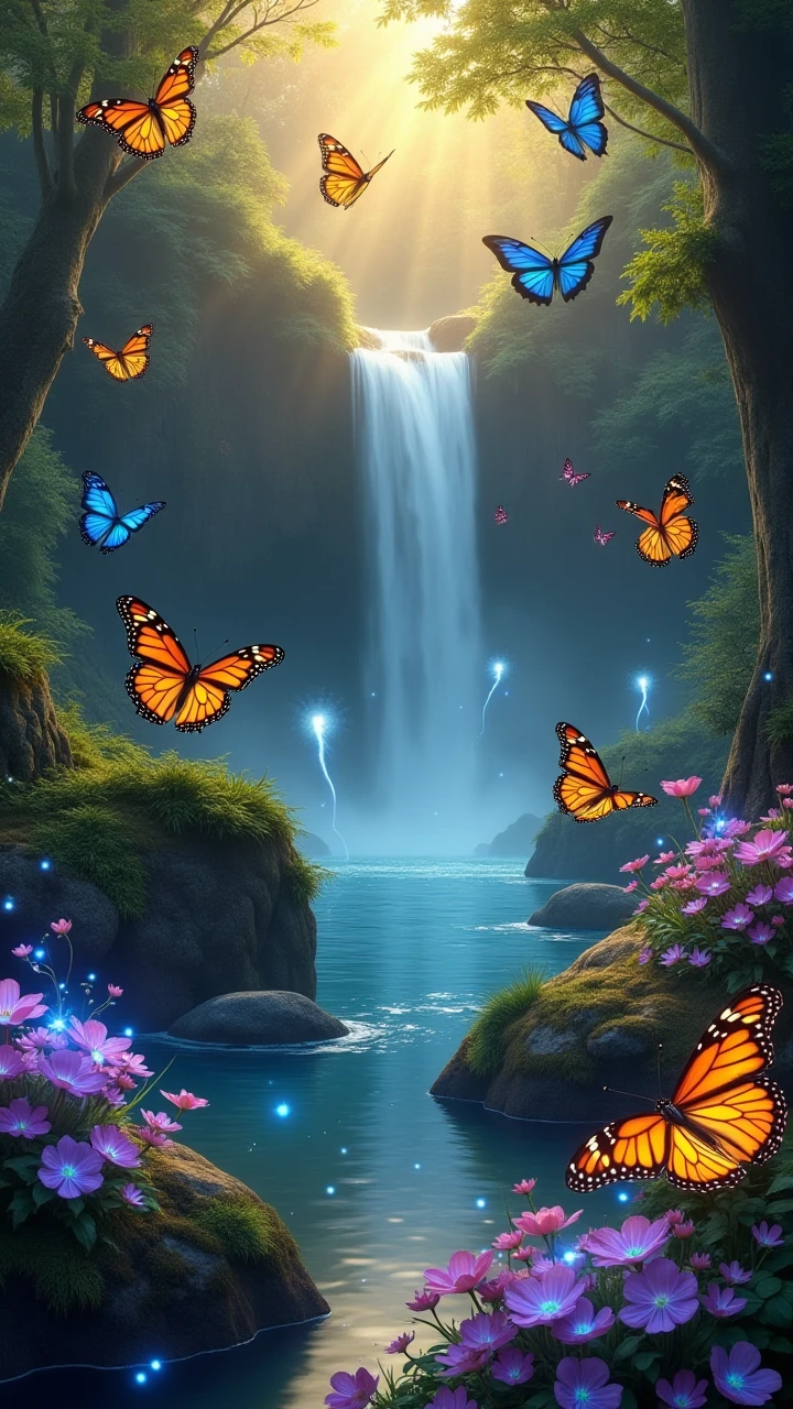 Beautiful energy art that gives power to those who see it。Landscape images。butterflies dancing on the riverside。Fantasy。Dreamy。Fantasy。
