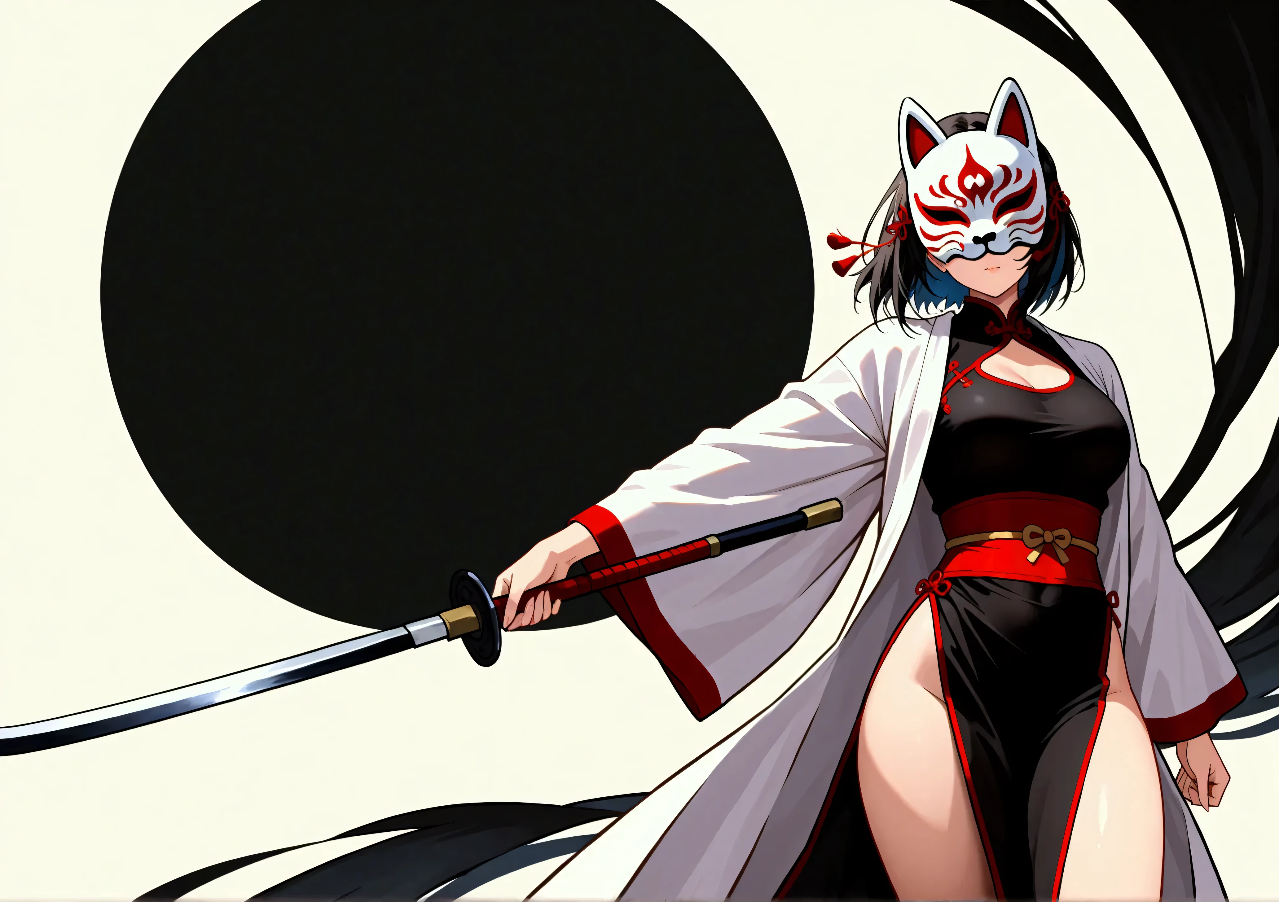 full body, of Princess Zelda as Shinobi, costume all black with gold stripes, she has large breasts, (short black hair), ((wearing Oni mask on her face)), cut scar over right eye, (green eyes), a katana attached to her waist, blood all over her clothes, she is in an ancient ninja Temple full of swords stuck in the ground, Anime, masterpiece, 16k, award winning, best quality, high details, UHD, masterpiece, anatomically correct