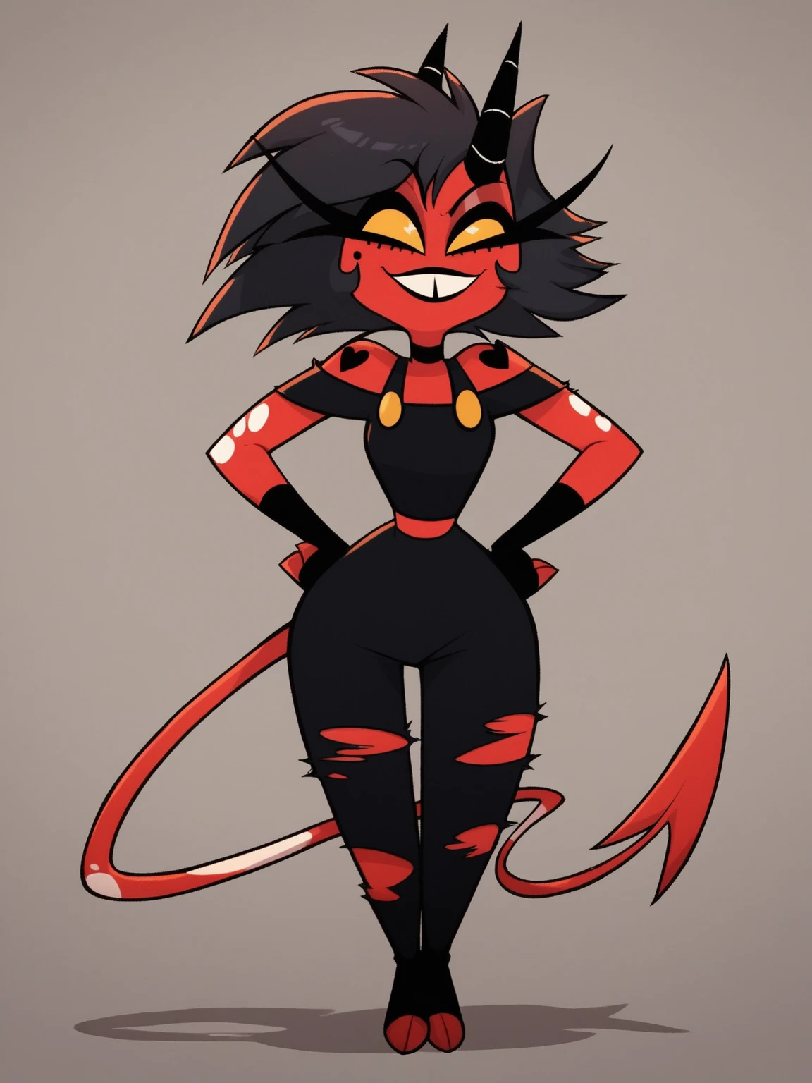 Scrafty, pokemon Scrafty, cartoon pokemon with a red mohawk and black dress and tights, Anthro Gecko, Full body!, Orange and black, Anstro lizard, Full body portrait of a short!, Grim smile, Varguyart style, High resolution commission, Succubus in tight short dress, Full body adoptable, Adult animation shaded by cells, by :5 Sexy: 7, Monstergirl --auto --s2