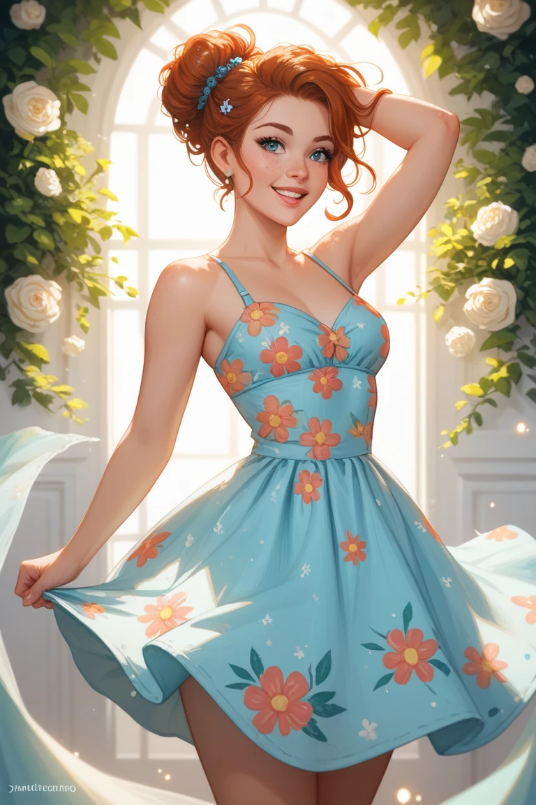 nose piercing, standing, jewelry, BABY-BLUE jumpsuit (insanely detailed, beautiful detailed face, masterpiece, best quality), cleavage, piercing blue eyes. TWIN-TAILS. BEAUTIFUL COMBO OF SELENA GOMEZ AND Beyonce. dd-cup sized breasts. short and dainty. happy, smiling cheerful face. Skipping in a magical meadow of daisies. Magical realism. 1950s Panovision 70. 4K Ultra HD, Extreme Detail And Intricate Realism. Stunning 2D Vector Detailed clear. lifelike.
