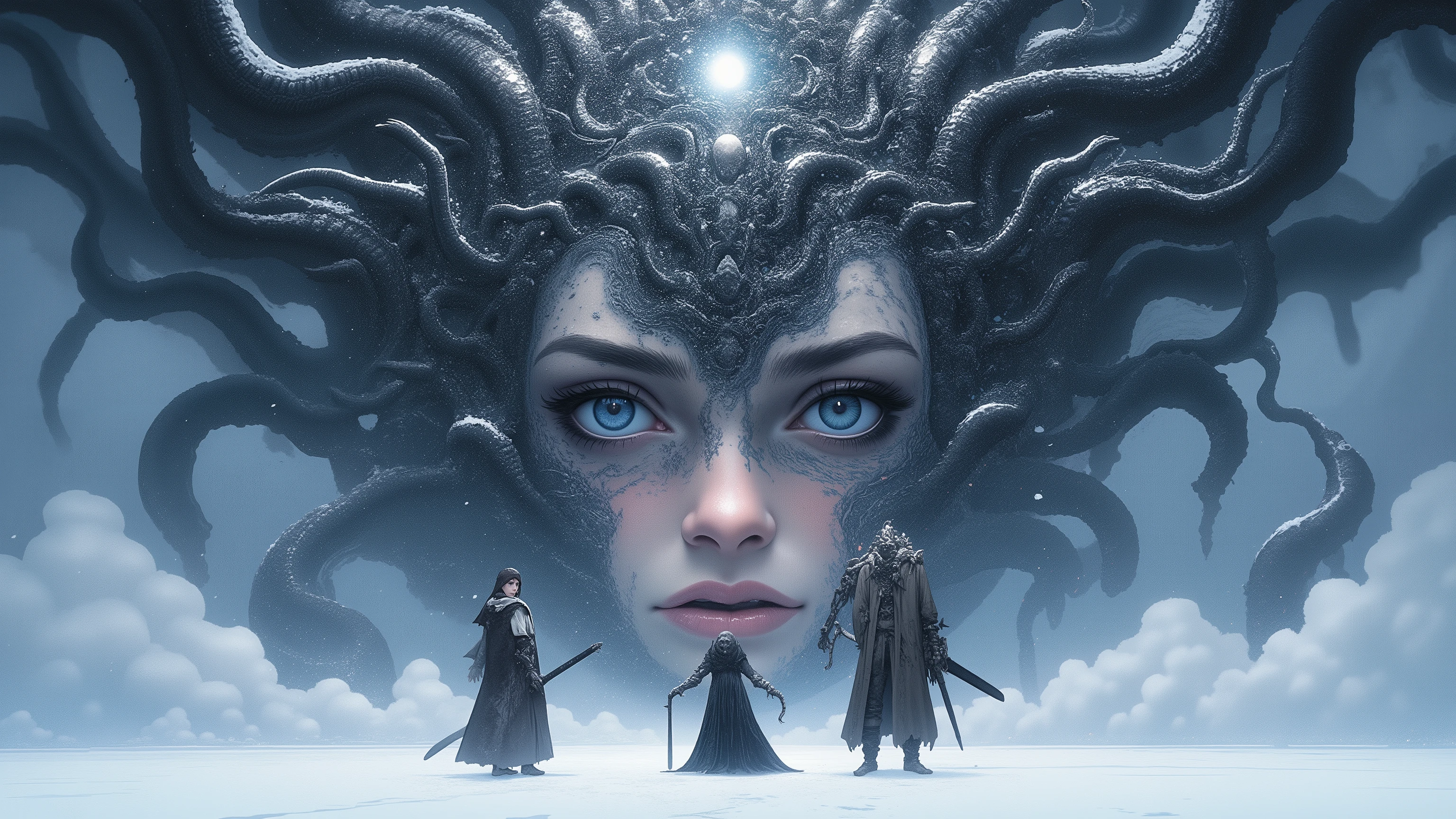 Masterpiece, Top Quality, Retina, Snowy Scenery, (3 people, a woman with a big sword, a man with a huge gun, a panda beastman wearing futuristic heavy armor, white breath, tattered armor and cloak and robe, the three are standing side by side), Do not be afraid, (Great despair and small hope), (A strangely shaped mechanical god that will bring ruin to the world, A beautiful woman's face is intricately intertwined with countless tentacle-like mechanical tubes and hideous creatures, God of Destruction, A fusion of H.R. Giger's design and Yasushi Nirasawa's design, the woman's face is so huge that it covers more than half of the screen), Our final battle, an endless battle is coming, It's very painful and sad, but please show them the light), Beautiful and cruel landscape that brings tears to my eyes, Panorama, Wide angle, A snow-covered wilderness and a day like midnight