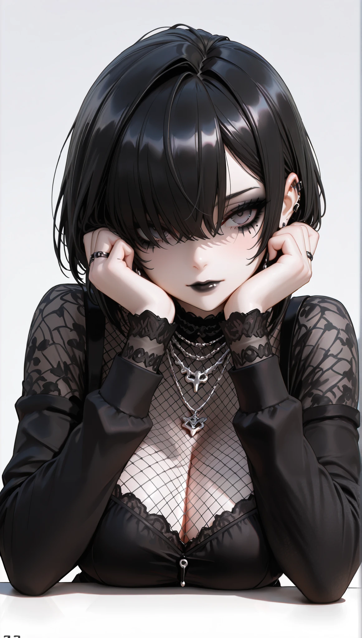 hot goth, black hair with black highlights, hair over eyes, white bangs, gothic makeup (best quality, 8K, 32k, masterpiece, Ultra HD:1.2),Photos of beautiful Japanese women, Large Breasts, Super Short Bob Hairstyle,Upper Body,(black mesh blouse, long sleeves, sexy:1.1) necklace, Simple background